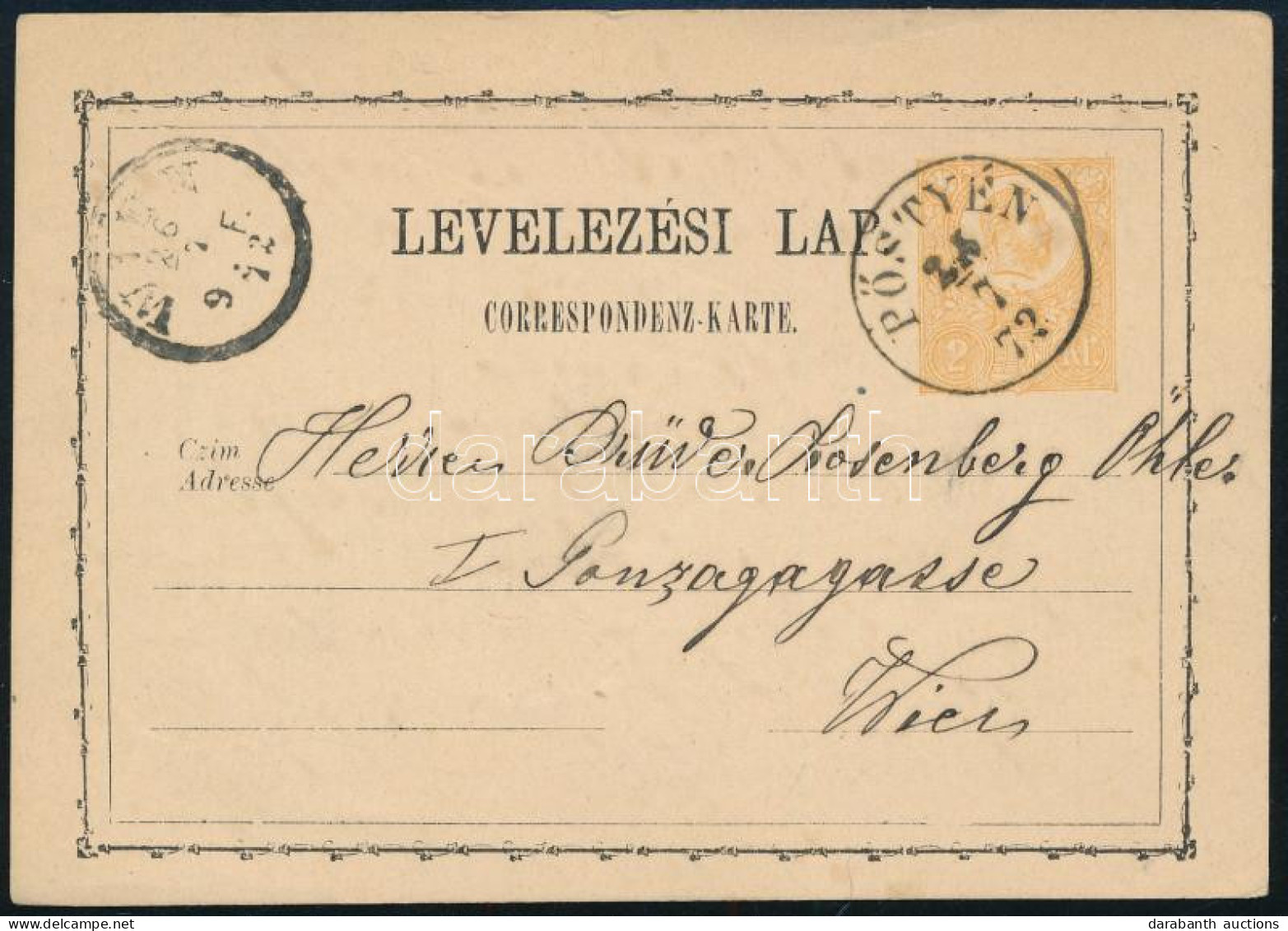 1872 2kr Díjjegyes Levelezőlap / PS-card "PÖSTYÉN" - "WIEN" - Other & Unclassified