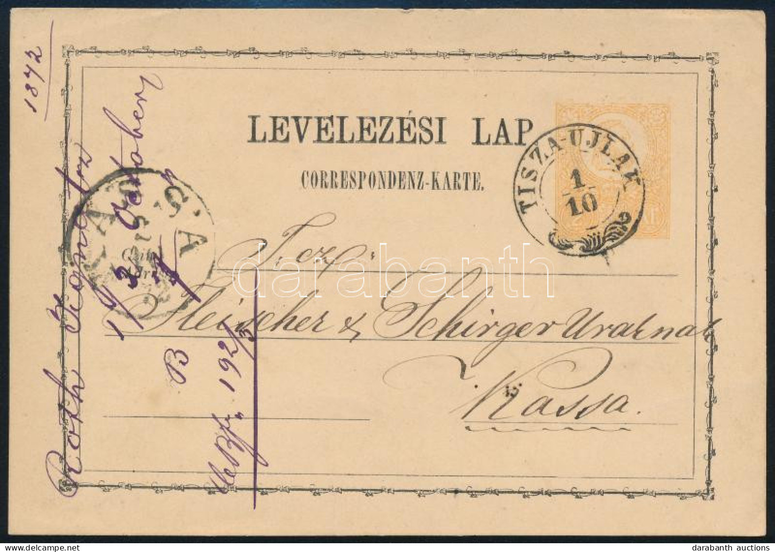 1872 2kr Díjjegyes Levelezőlap / PS-card "TISZA-UJLAK" - Kassa - Other & Unclassified