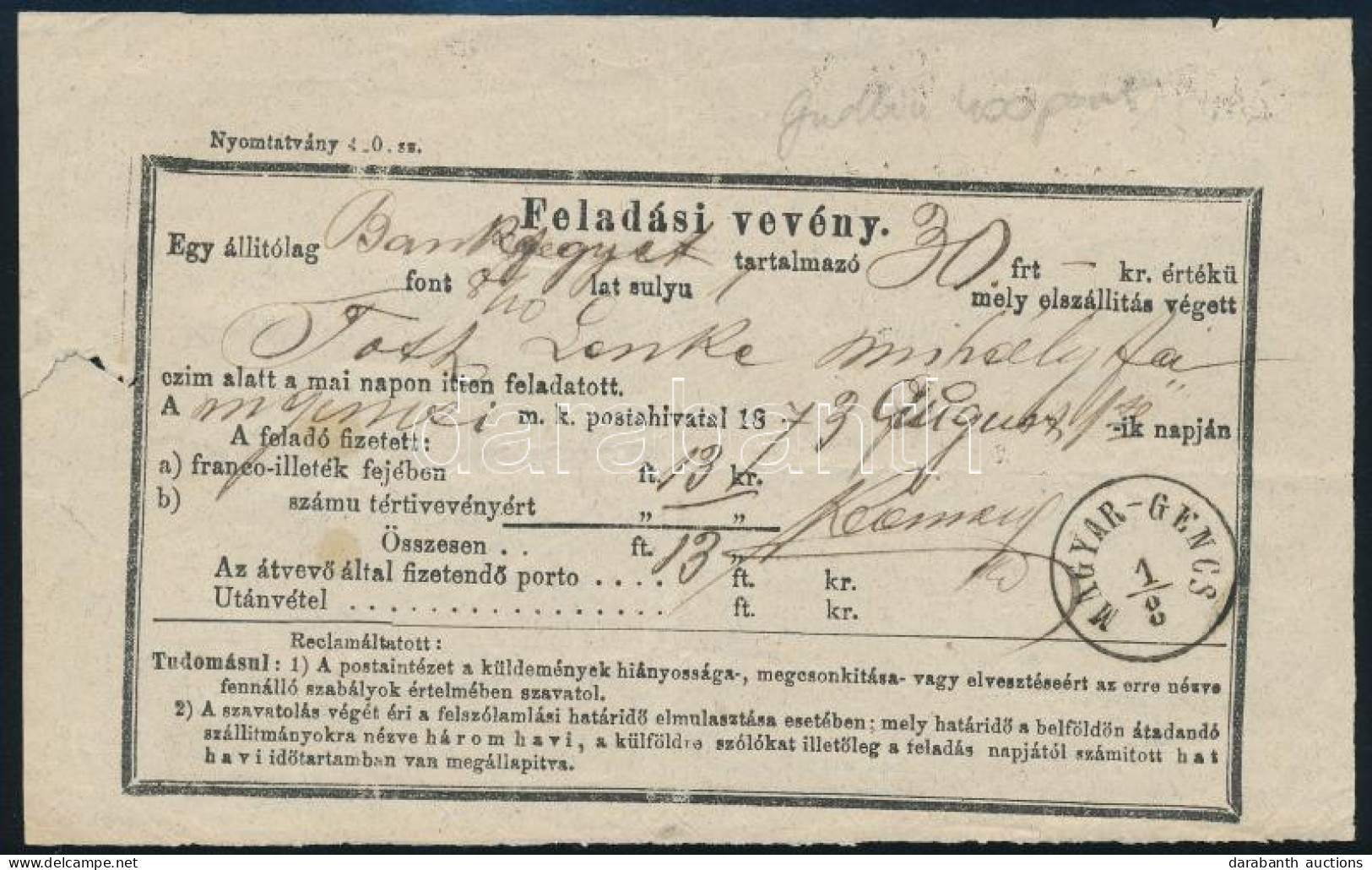 1873 Feladási Vevény / Aufgabs Recepisse "MAGYAR-GENCS" (Gudlin 400 P) - Sonstige & Ohne Zuordnung