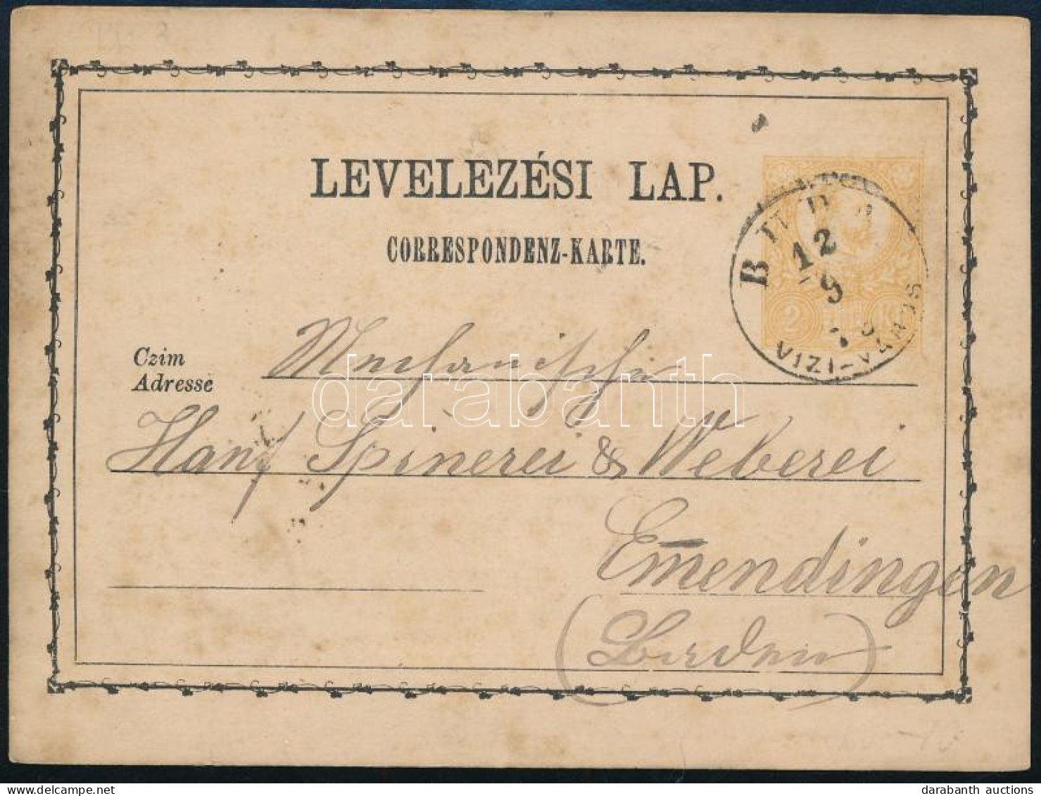 1873 2kr Díjjegyes Levelezőlap / PS-card "BUDA VIZI-VÁROS" (ebben A Formában Gudlin Nem Hozza) - Emendingen / Németorszá - Sonstige & Ohne Zuordnung