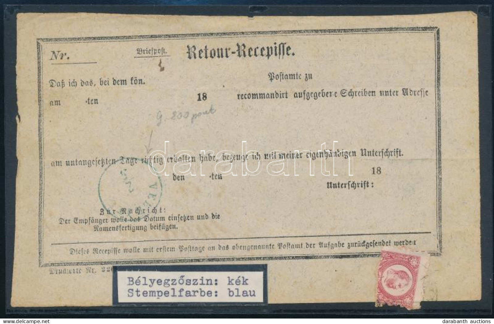 1873 Tértivevény Réznyomat 5kr Darabbal, Kék "VELEJTE" / Retour Recepisse With 5kr Piece, Blue "VELEJTE" (Gudlin 800 P) - Other & Unclassified