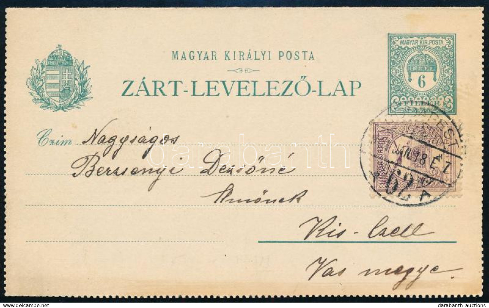 1901 6f Díjjegyes Zárt Levelezőlap Turul 4f Díjkiegészítéssel / PS-cover With 4f Additional Franking "BUDAPEST" - "KIS-C - Other & Unclassified