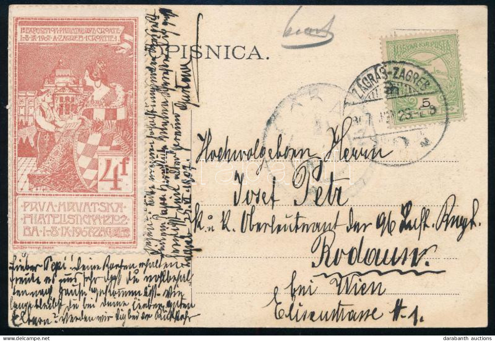 1907 Képeslap Turul 5f Bérmentesítéssel / Postcard With 5f Franking "ZÁGRÁB" Kétnyelvű Bélyegzéssel és Levélzáróval / Bi - Sonstige & Ohne Zuordnung