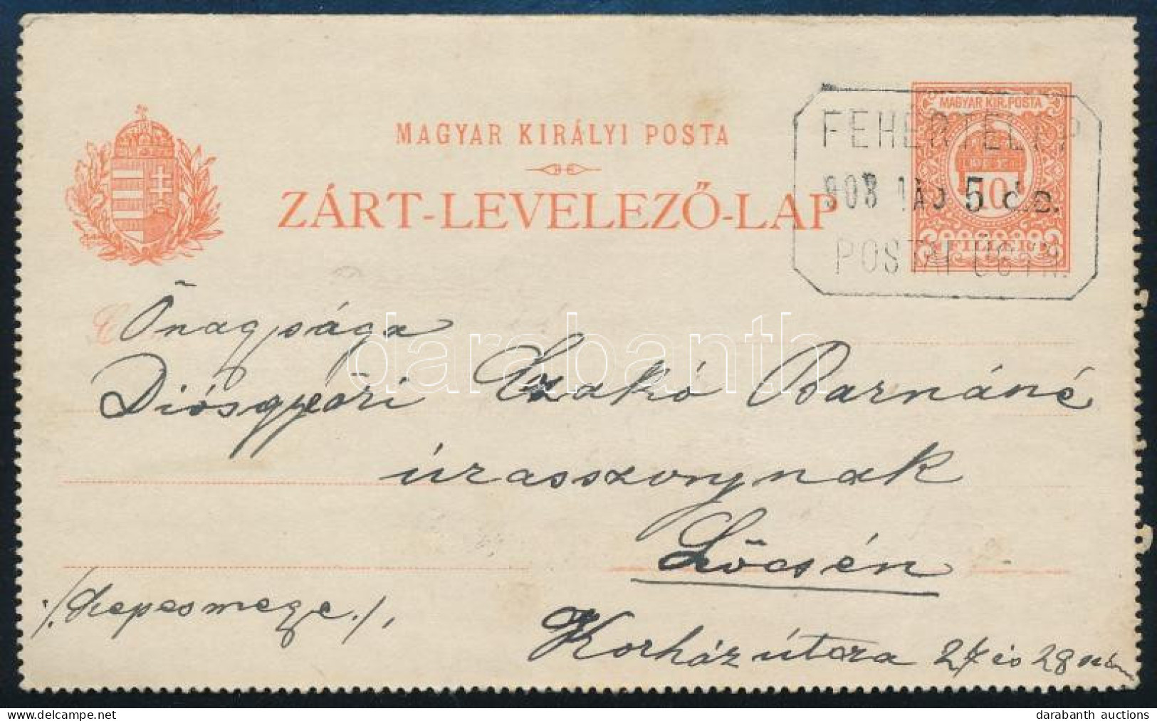 1908 Zárt Levelezőlap 10f "FEHÉRTELEPES POSTAI ÜGYN." Bélyegzéssel - Other & Unclassified