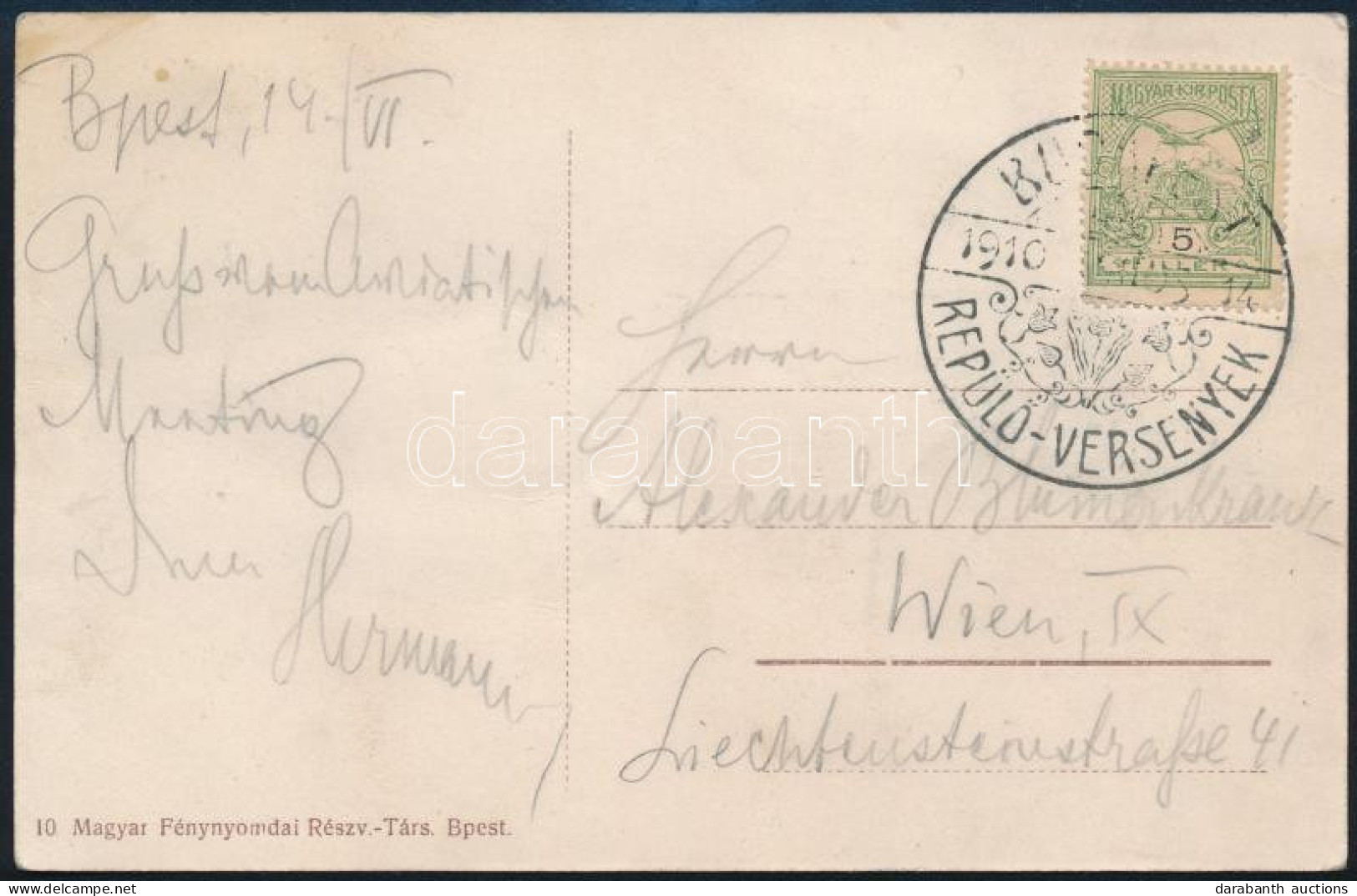 1910 Képeslap Turul 5f Bérmentesítéssel "BUDAPEST / REPÜLŐ-VERSENYEK" Alkalmi Bélyegzéssel Bécsbe Küldve / Postcard With - Other & Unclassified