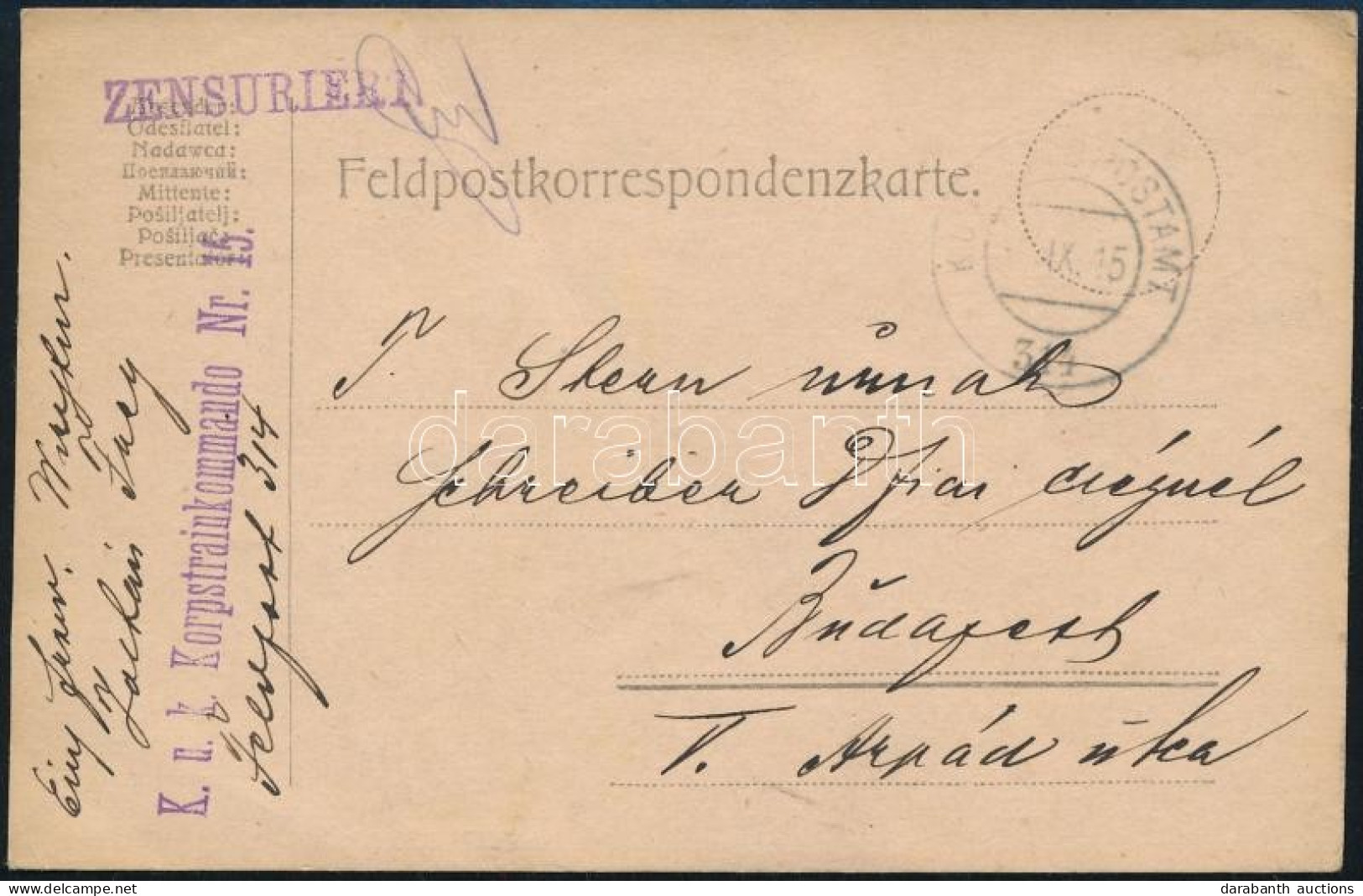 1915 Tábori Posta Levelezőlap "K.u.k. Korpstrainkommando Nr. 15." + "FP 314" - Autres & Non Classés