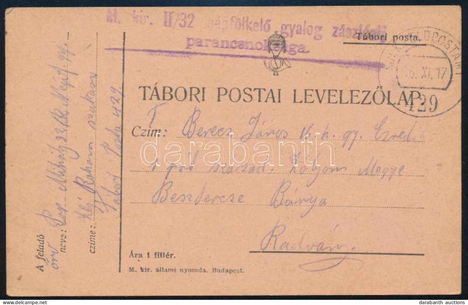 1917 Tábori Posta Levelezőlap / Field Postcard "M.kir. II/32 Népfölkelő Gyalog Zászlóalj Parancsnoksága" + "FP 429" - Sonstige & Ohne Zuordnung