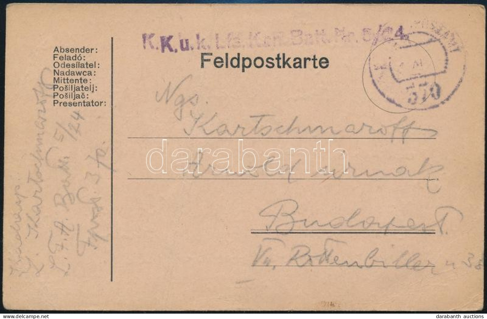 1917 Tábori Posta Levelezőlap "K.u.k. Lfa. Kan. Batt. Nr. 5/24" + "FP 370" - Altri & Non Classificati