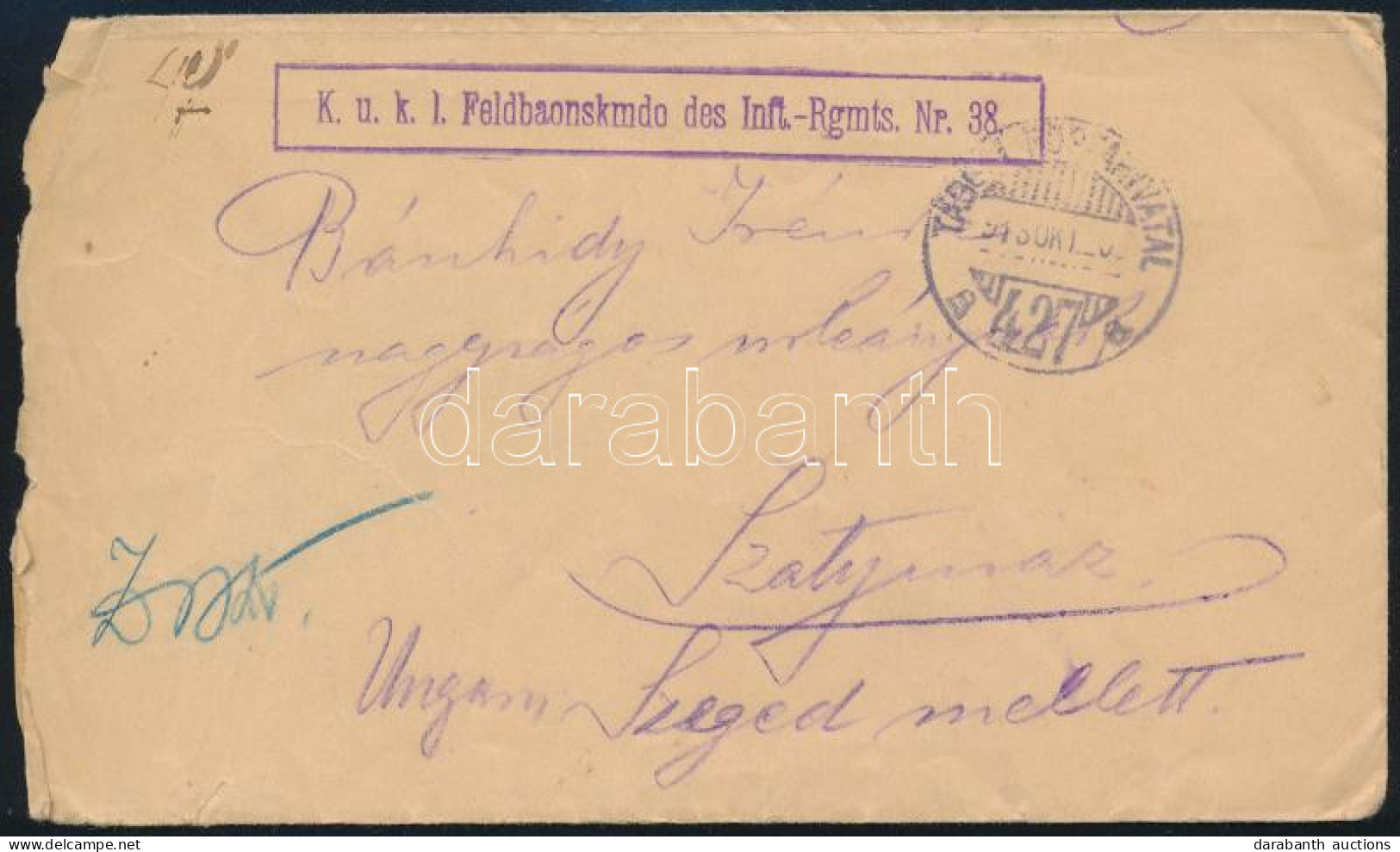 1918 Tábori Posta Levél / Field Post Cover "K.u.K. I. Feldbaonskmdo Des Inft. -Rgmts. Nr. 38" + "TP 427 B" - Otros & Sin Clasificación