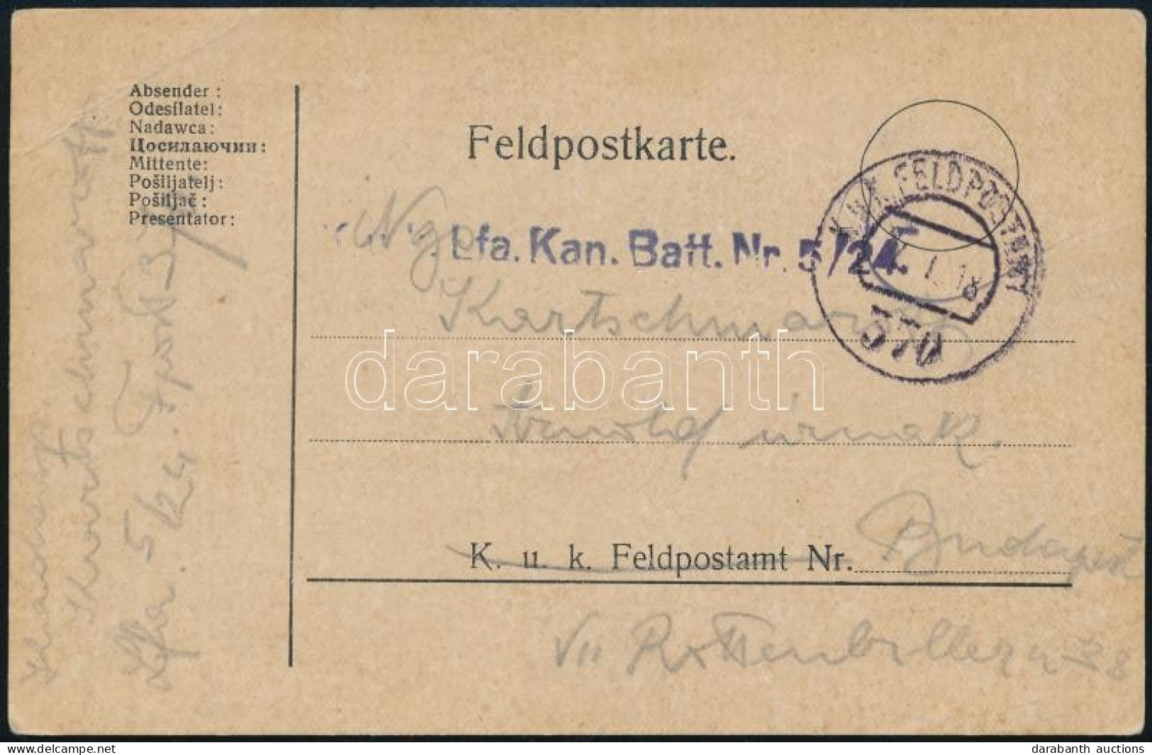 1918 Tábori Posta Levelezőlap "K.u.k. I.fa. Kan. Batt. Nr. 5/24" + "FP 370" - Other & Unclassified