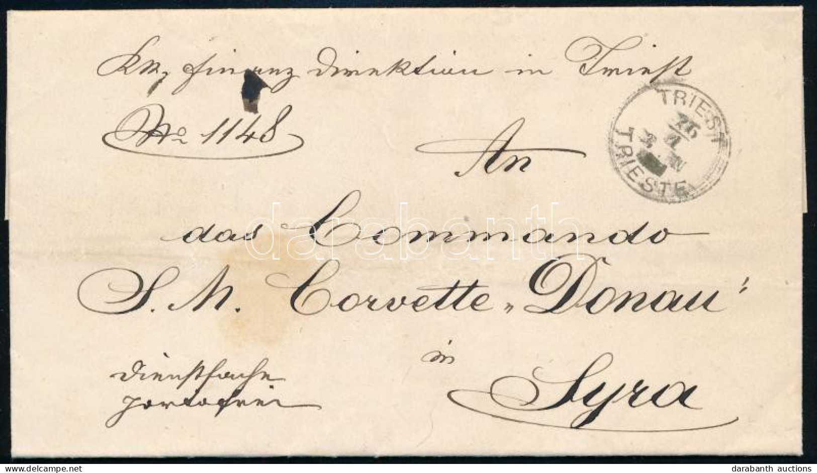 1879 Levél Triesztből Az S.M. Corvette Donau Hajóra / Cover From The Office Of The Diector Of Finances, Trieste To The O - Other & Unclassified