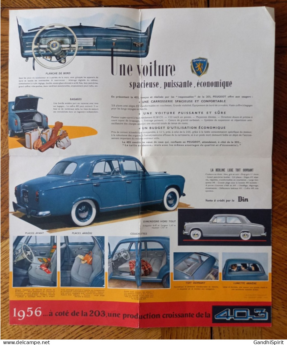 1956 Automobile Peugeot 403, Berline Luxe, Voiture, Plaquette Publicitaire - Automobile