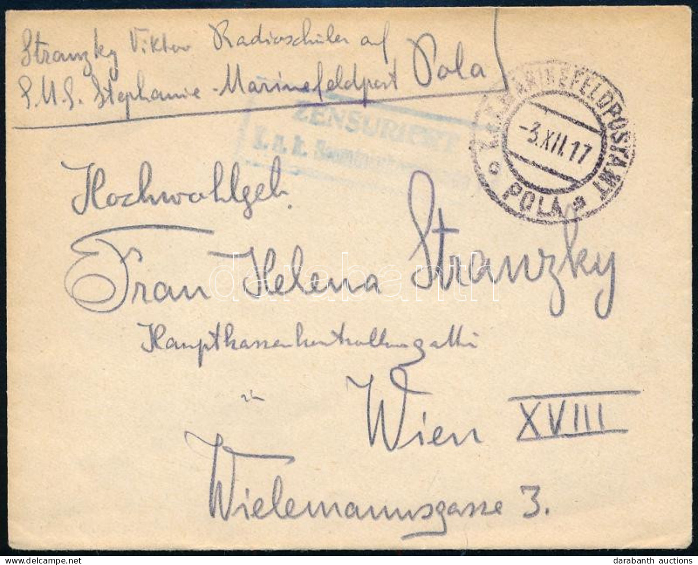1917 Tábori Posta Levél Az S.M.S. Stephanie Hajóról. / Field Post Cover From The S.M.S. Kronprinzessin Erzherzogin Steph - Otros & Sin Clasificación