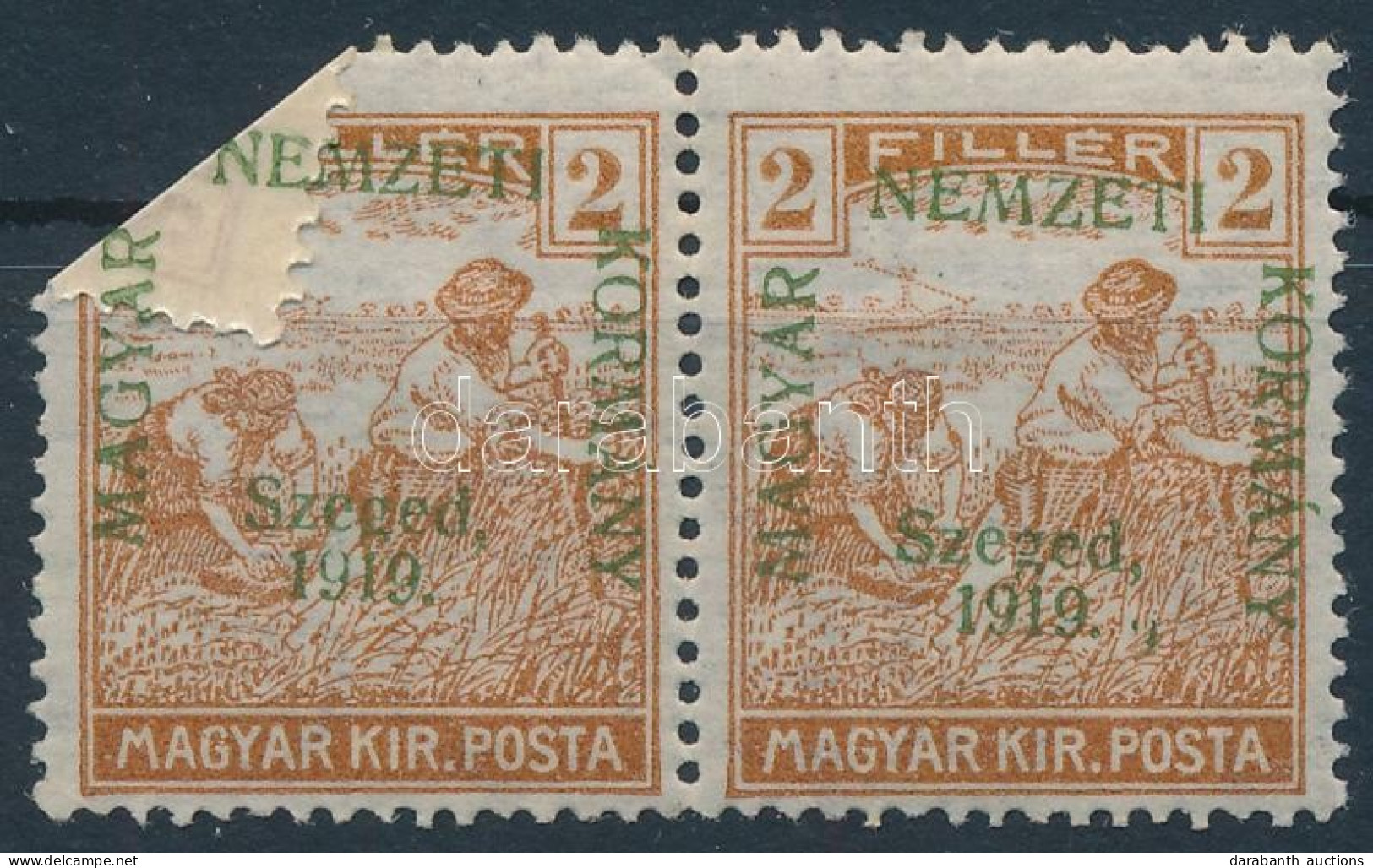 ** 1919 Arató 2f Pr, ívbehajlás Miatt A Gumira Került A Felülnyomás Egy Részt / Mi 6 Pair, Part Of The Overprint On The  - Sonstige & Ohne Zuordnung