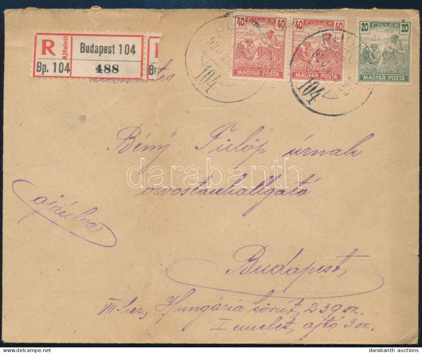 1920 Budapest Helyi Ajánlott Levél 6 Db Bélyeggel - Other & Unclassified