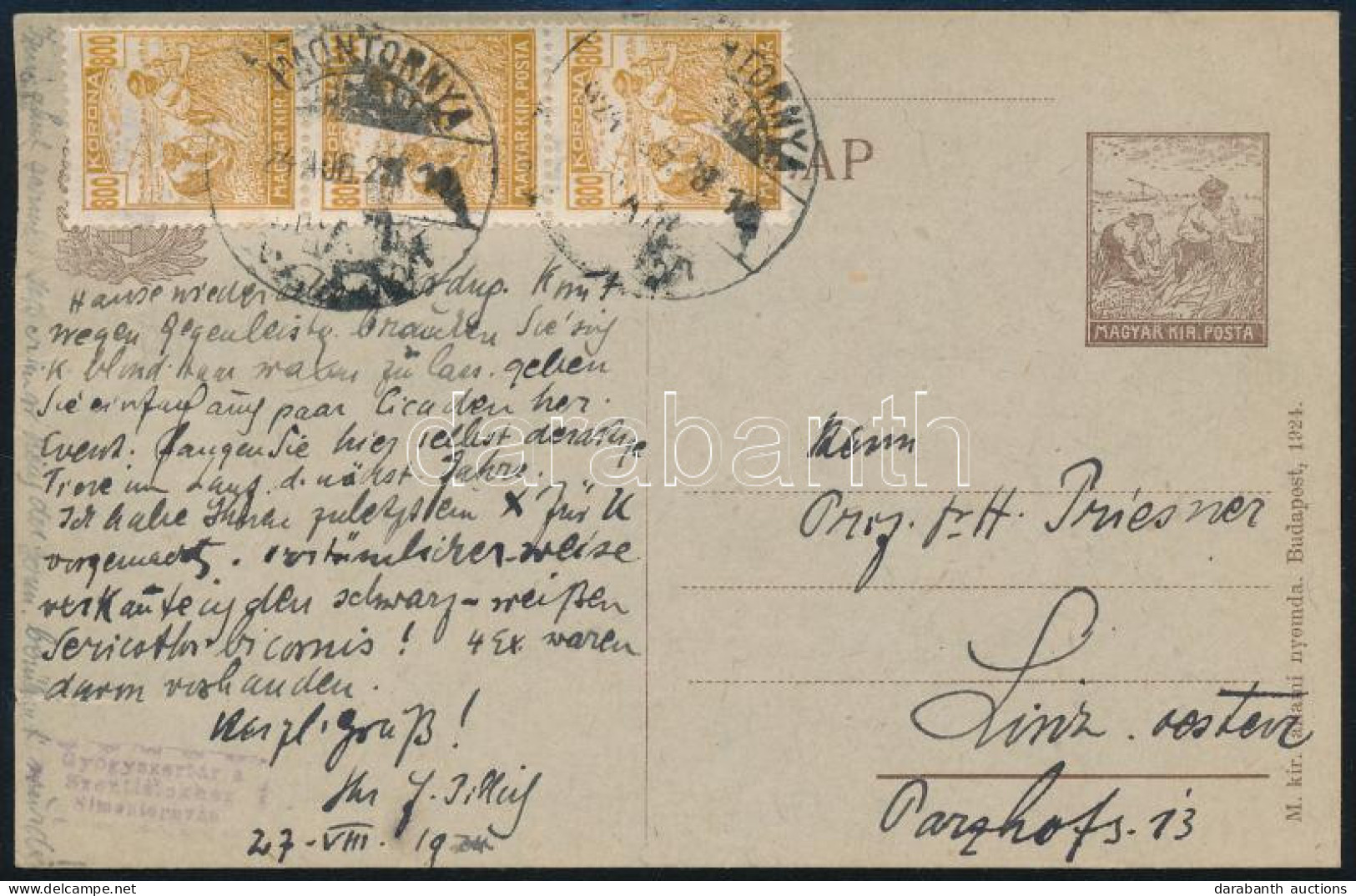 1924 Díjjegyes Levelezőlap Arató 3 X 800K Díjkiegészítéssel / PS-card With 2400K Additional Franking "SIMONTORNYA" - Lin - Altri & Non Classificati