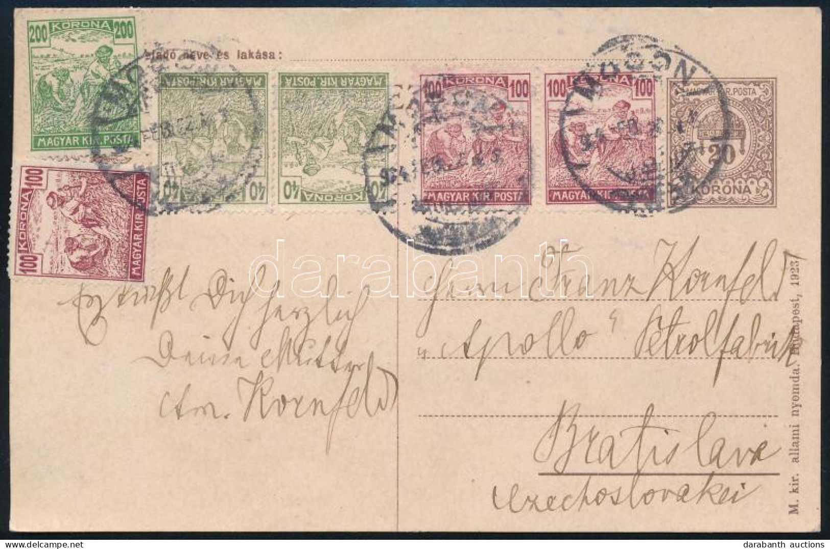 1924 20K Díjjegyes Levelezőlap Arató 2 X 40K + 3 X 100K + 200k Díjkiegészítéssel / PS-card With 580K Additional Franking - Otros & Sin Clasificación