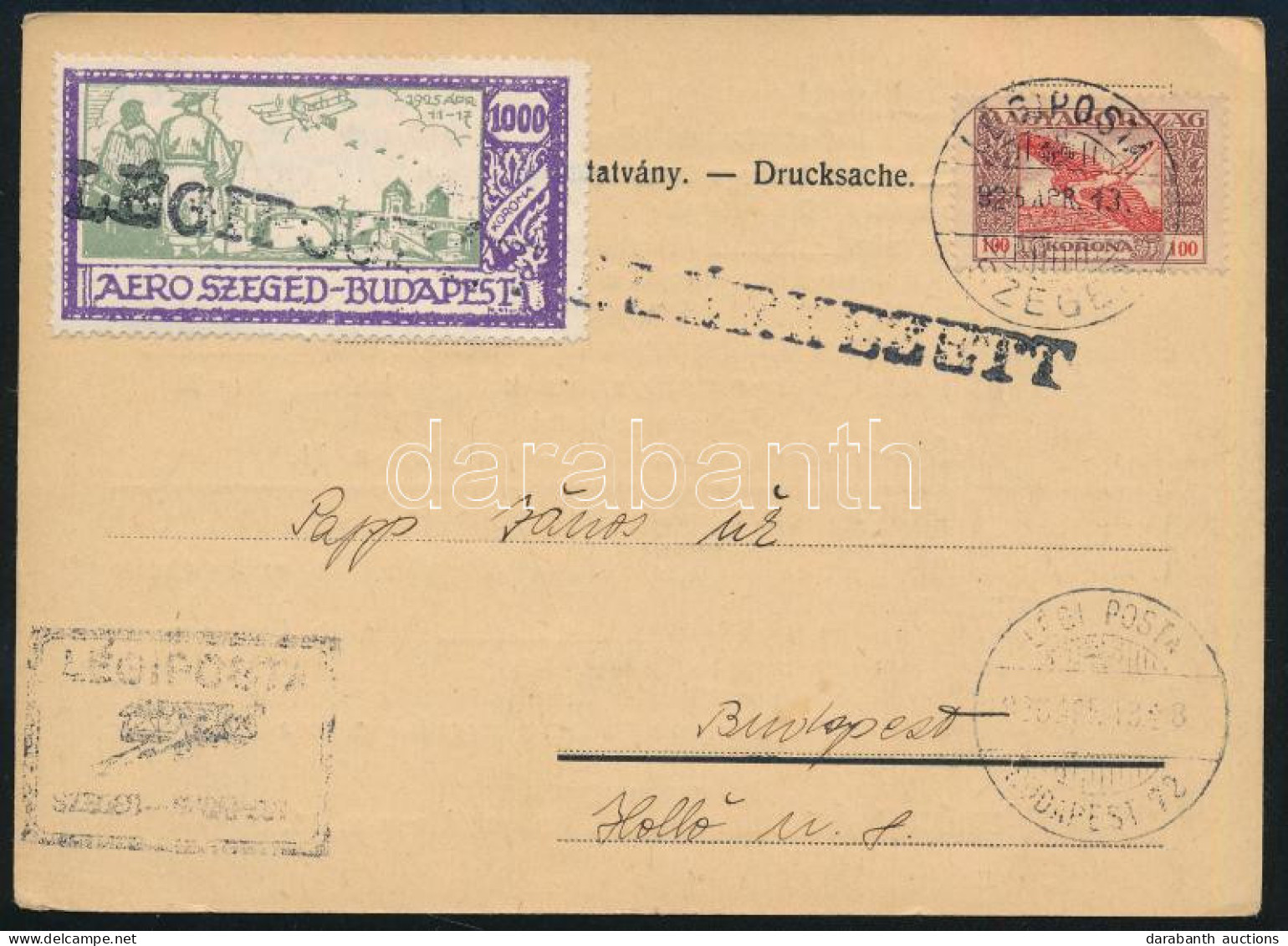 1925 Nyomtatvány Nem Hivatalos Aero Szeged-Budapest 1000K Légi Bélyeggel / Unofficial Airmail Stamp On Printed Matter - Other & Unclassified