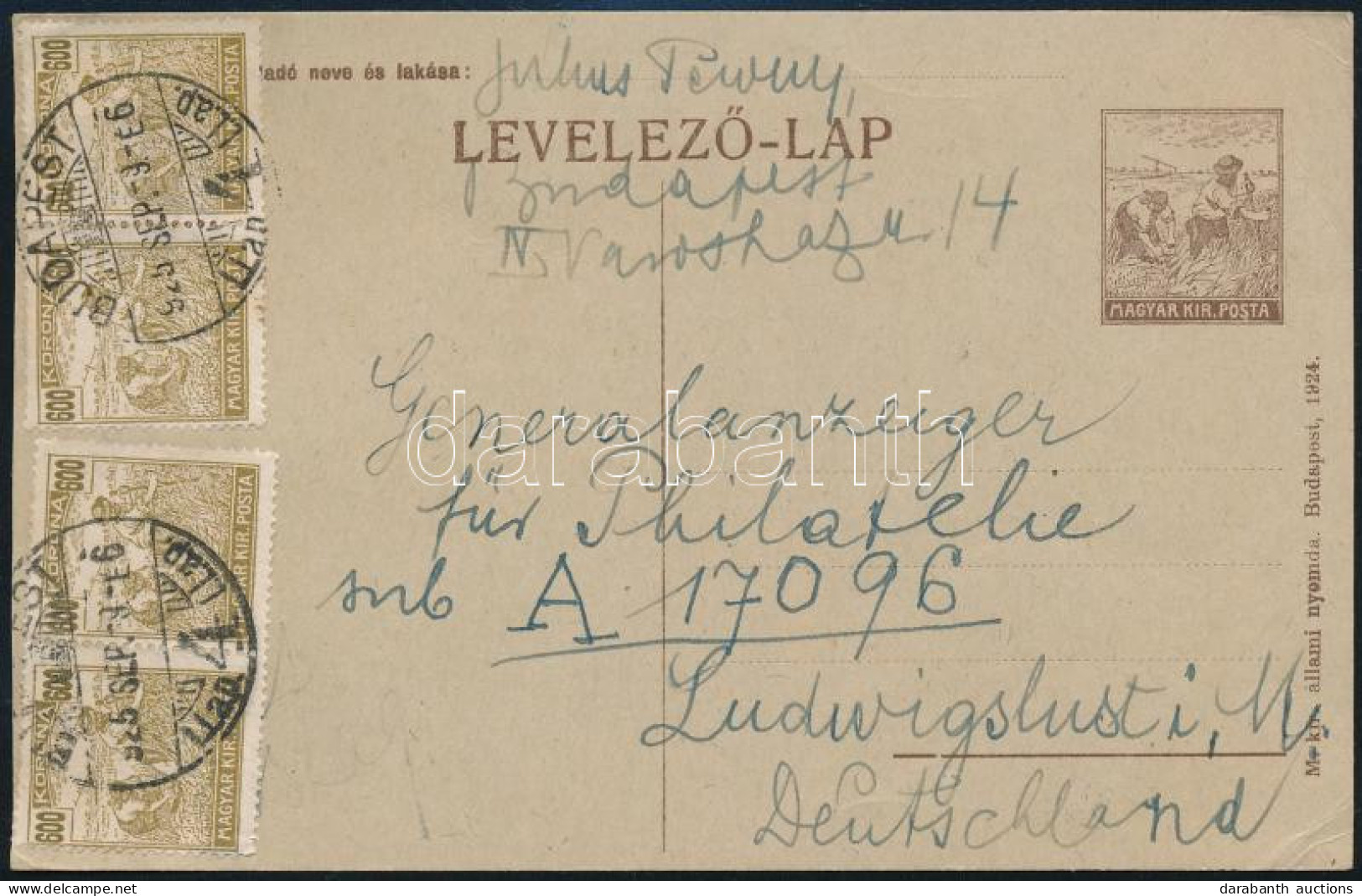 1925 Díjjegyes Levelezőlap Arató 4 X 600K Díjkiegészítéssel Németországba Küldve / PS-card With 2400K Additional Frankin - Altri & Non Classificati