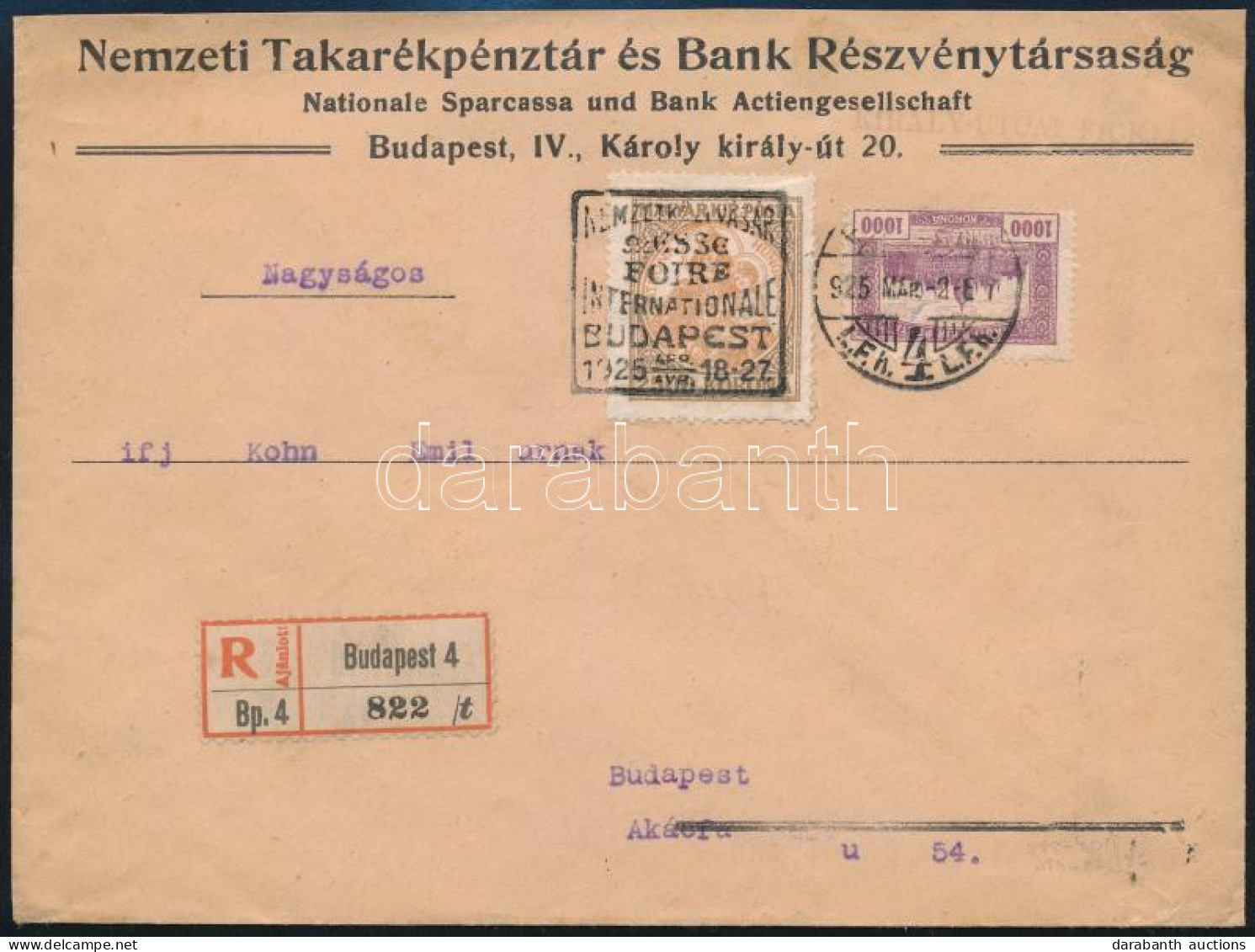 1925 Ajánlott Céges Levél Parmenet 1000K + Koronás Madonna 2500K Bérmentesítéssel "NEMZETKÖZI VÁSÁR BUDAPEST" Alkalmi Bé - Otros & Sin Clasificación