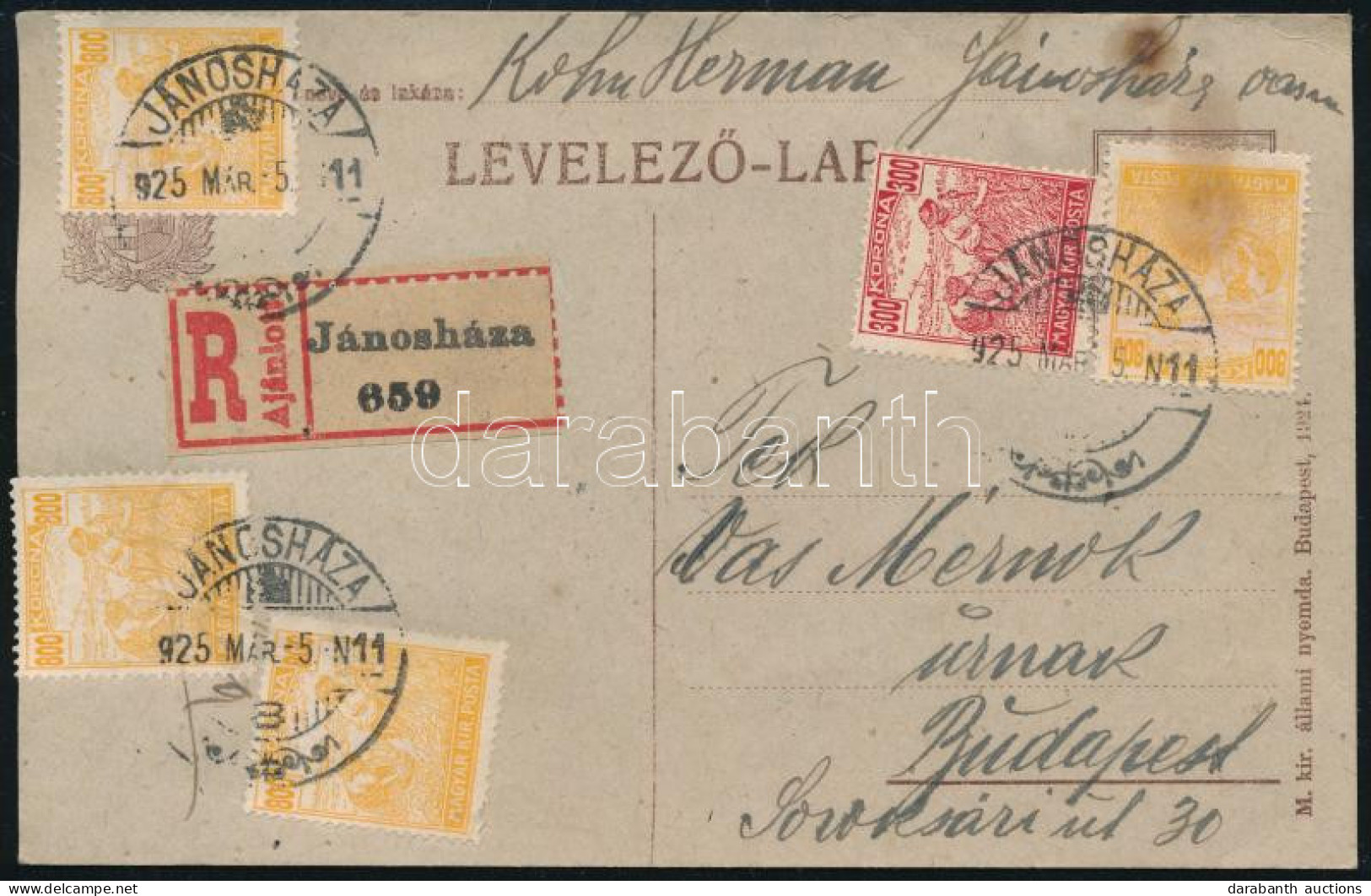 1925 Ajánlott Levél 3500K Bérmentesítéssel / Registered Postcard "JÁNOSHÁZA" - Budapest - Other & Unclassified