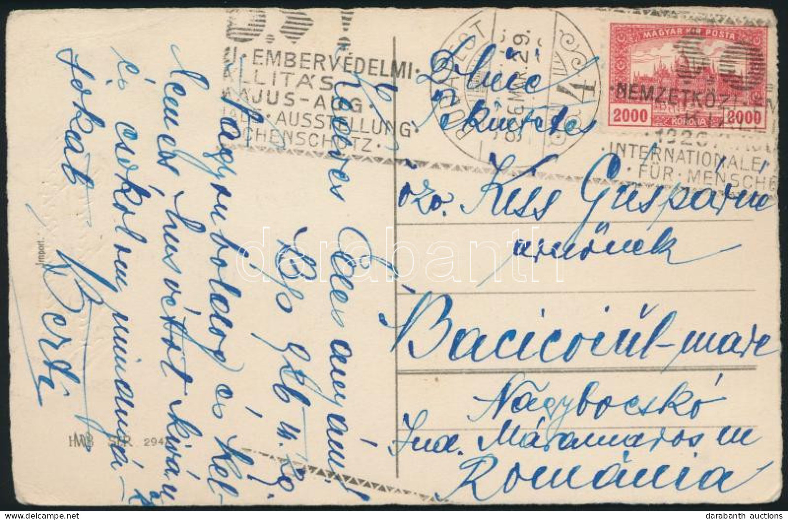 1926 Képeslap Romániába Küldve Alkalmi Bélyegzéssel "NEMZETKÖZI EMBERVÉDELMI KIÁLLÍTÁS" / Postcard To Romania With Speci - Altri & Non Classificati