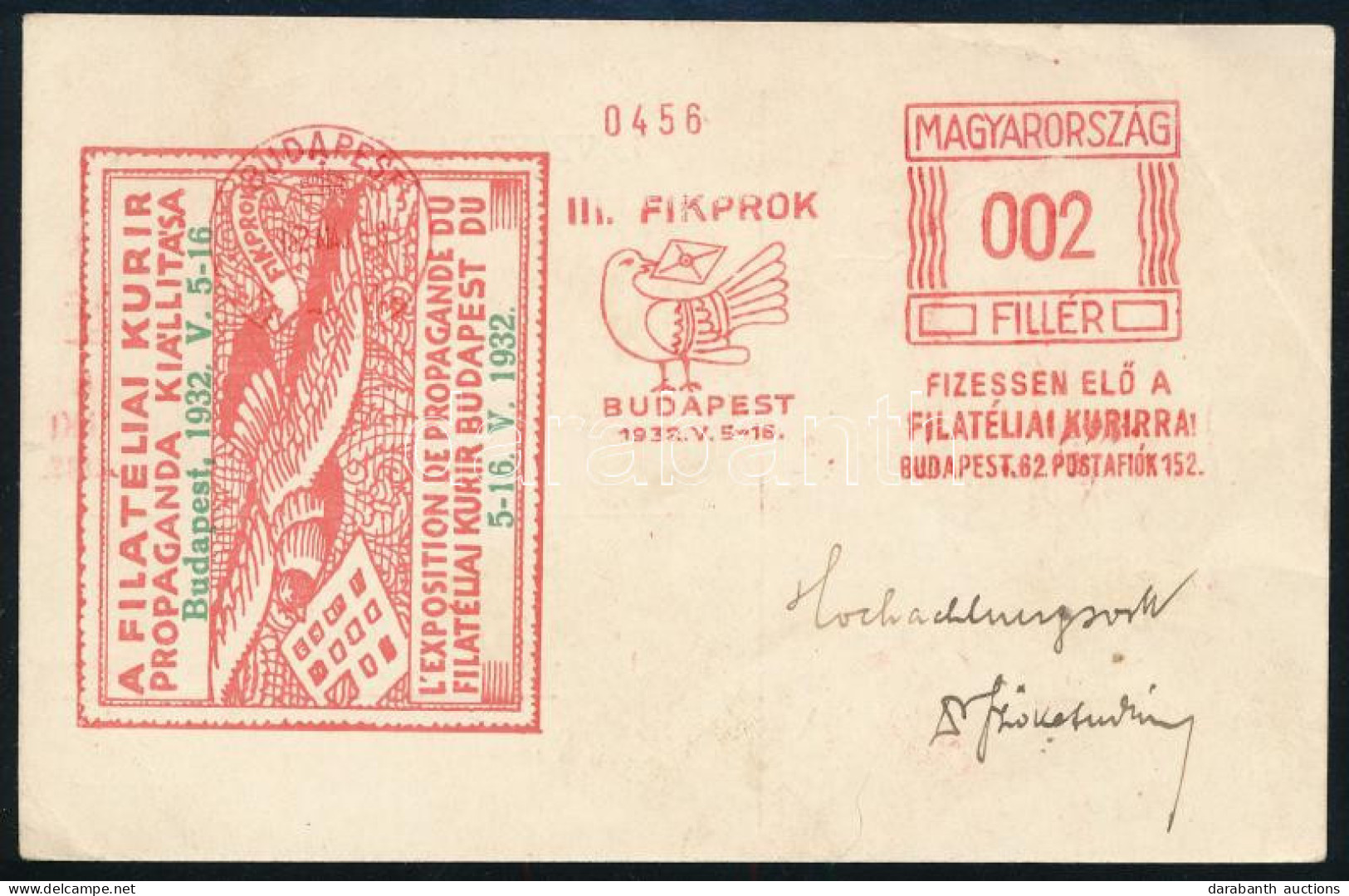 1932 Filatéliai Kurir Propaganda Kiállítás Képeslap 6f Frankotip és Alkalmi Bélyegzéssel Svájcba Küldve / Postcard With  - Autres & Non Classés