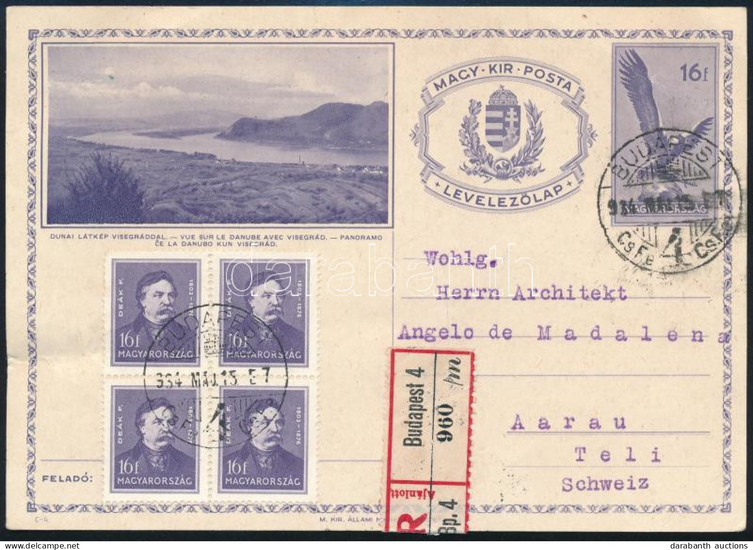 1934 Ajánlott 16f Díjjegyes Képes Levelezőlap Arcképek 4 X 16f Díjkiegészítéssel Svájcba Küldve / Registered PS-card Wit - Other & Unclassified