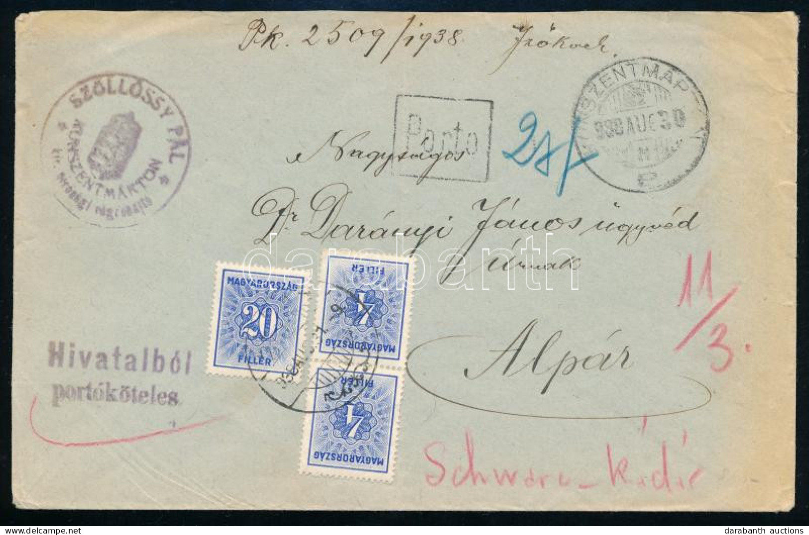 1938 Távolsági Levél Hivatalból Portóköteles, Rajta Kékportó 2 X 4f + 20f / Domestic Cover With 3 Postage Due Stamps "SZ - Altri & Non Classificati