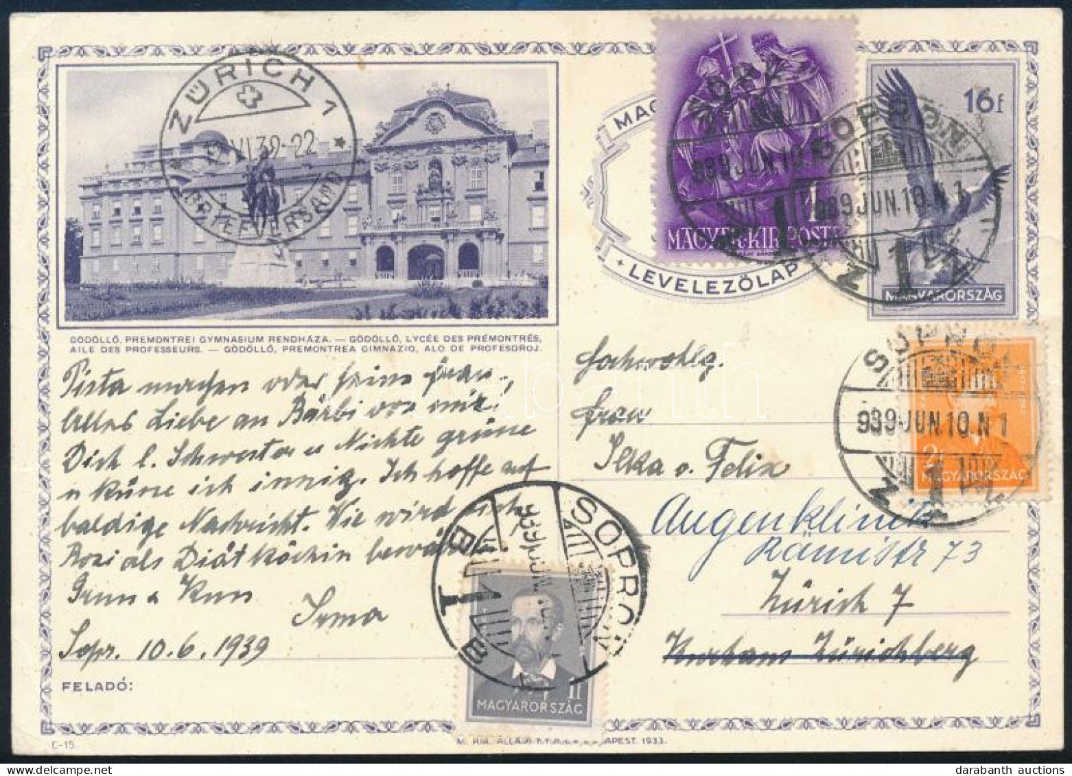 1939 16f Díjjegyes Képes Levelezőlap Díjkiegészítéssel Zürichbe Küldve / PS-card With Additional Franking To Zurich - Autres & Non Classés