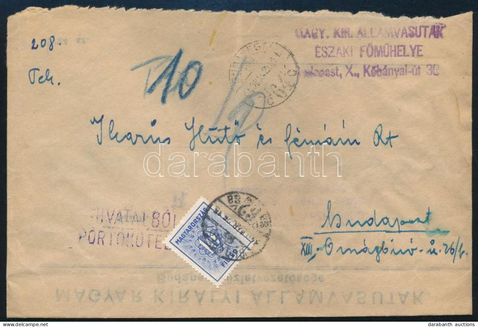 1940 újrafelhasznált Boríték Hivatali Levélnek 10f Portóval - Other & Unclassified