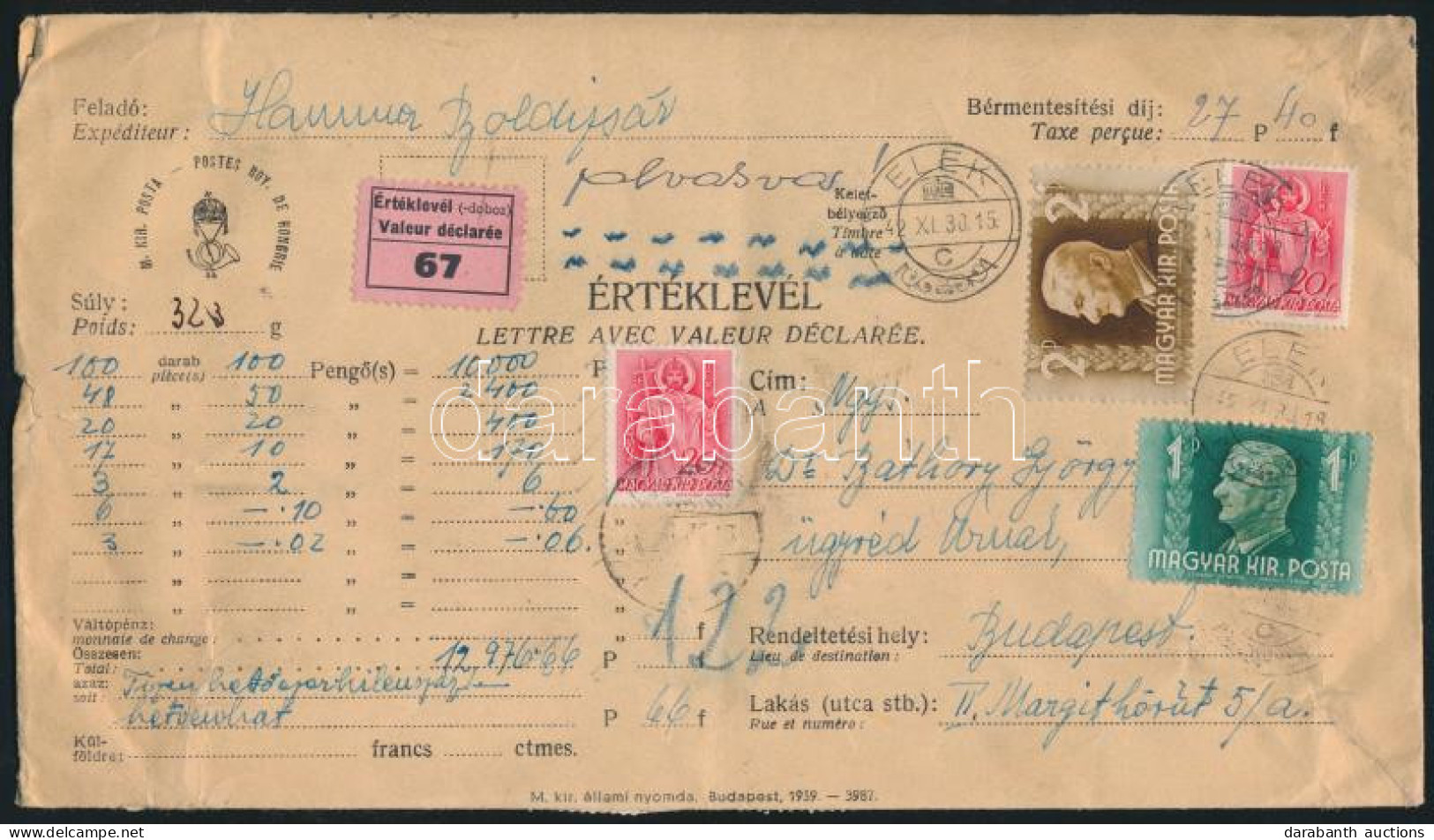 1942 Értéklevél 27,40P Bérmentesítéssel / Insured Cover With 27,40P Franking "ELEK" - Budapest - Autres & Non Classés