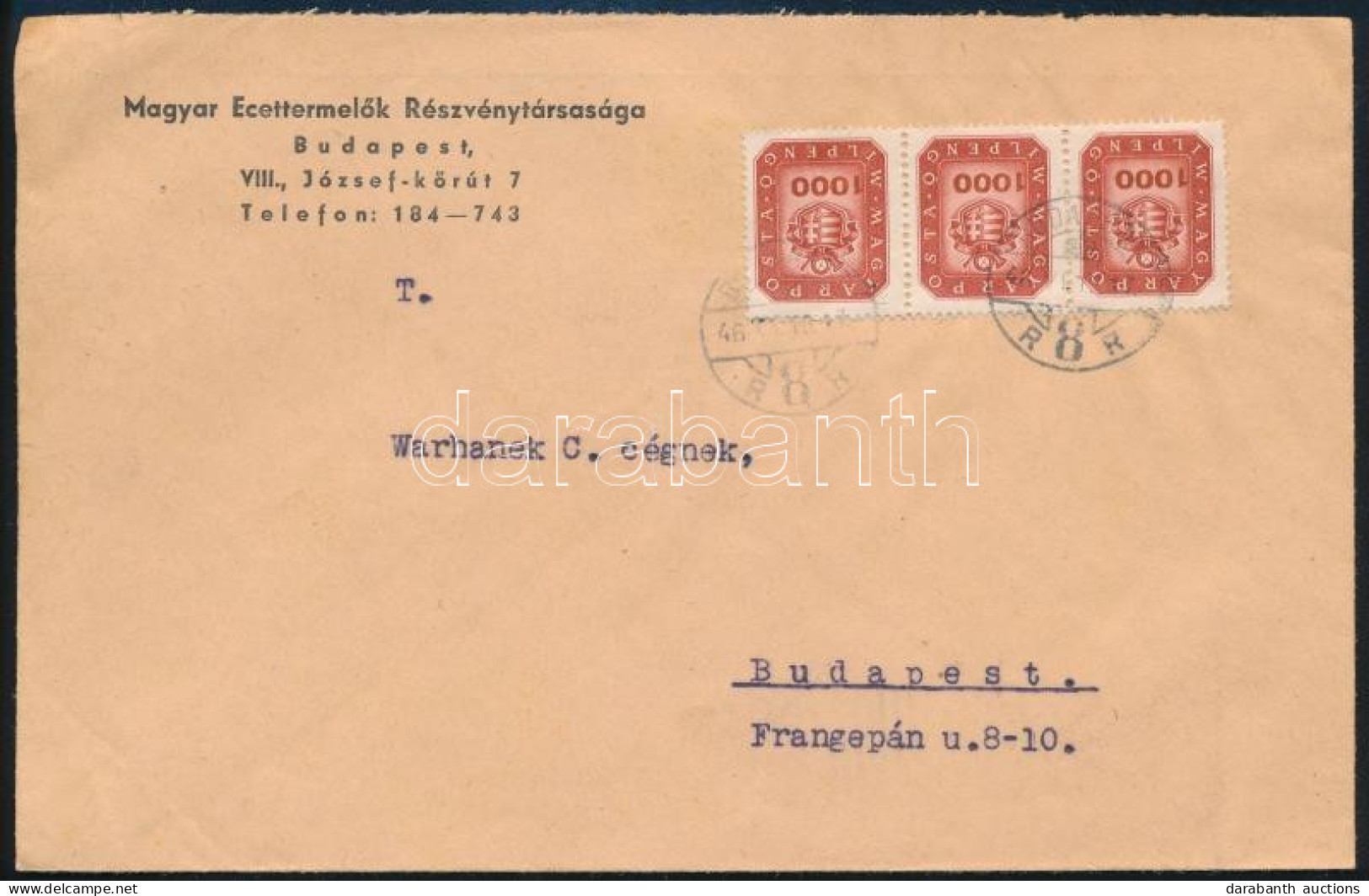 1946 (19. Díjszabás) Budapest Helyi Levél 3.000 Milpengő Bérmentesítéssel - Autres & Non Classés