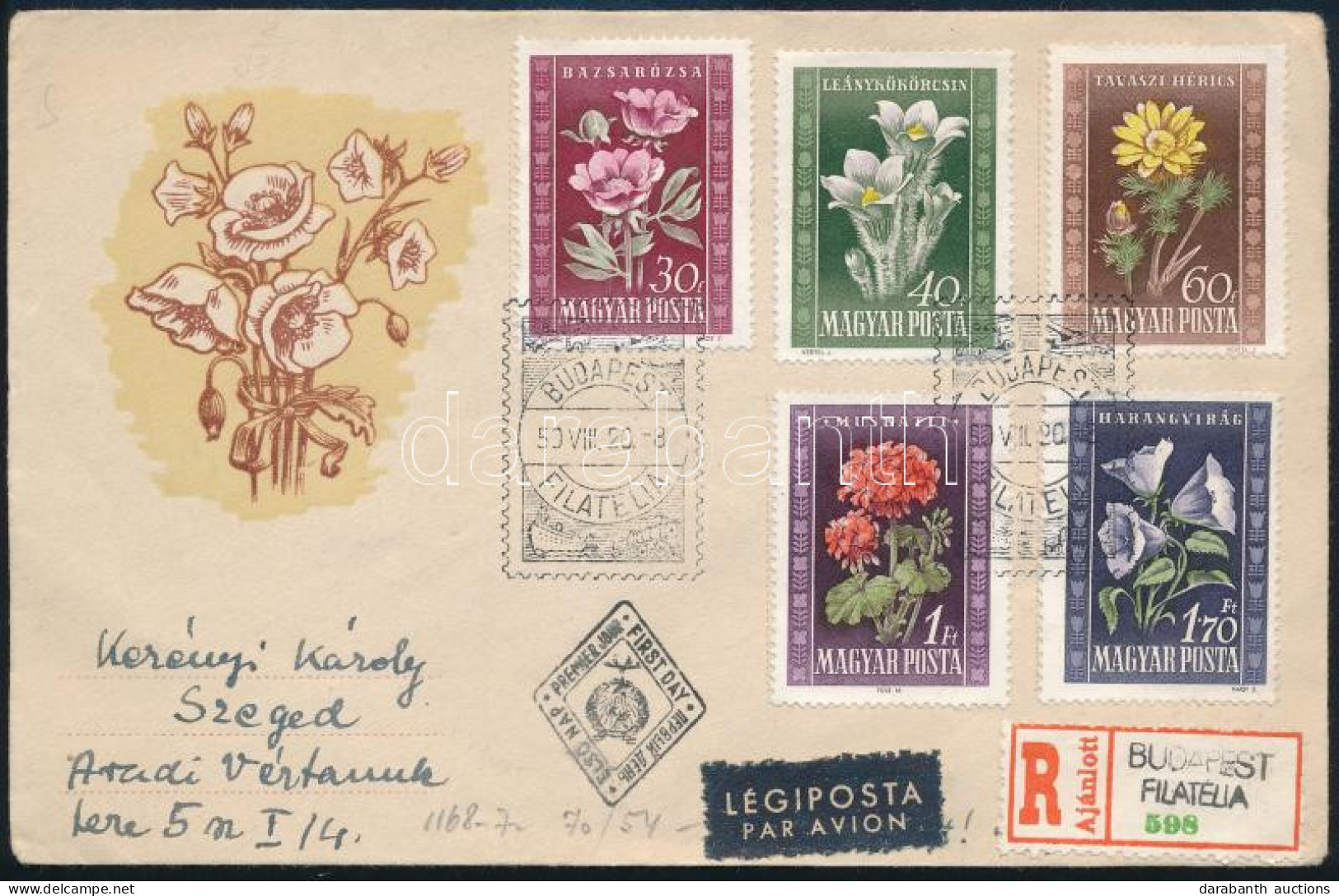 1950 Virág (I.) Sor Ajánlott Légi FDC-n, érkezési Bélyegzéssel - Otros & Sin Clasificación