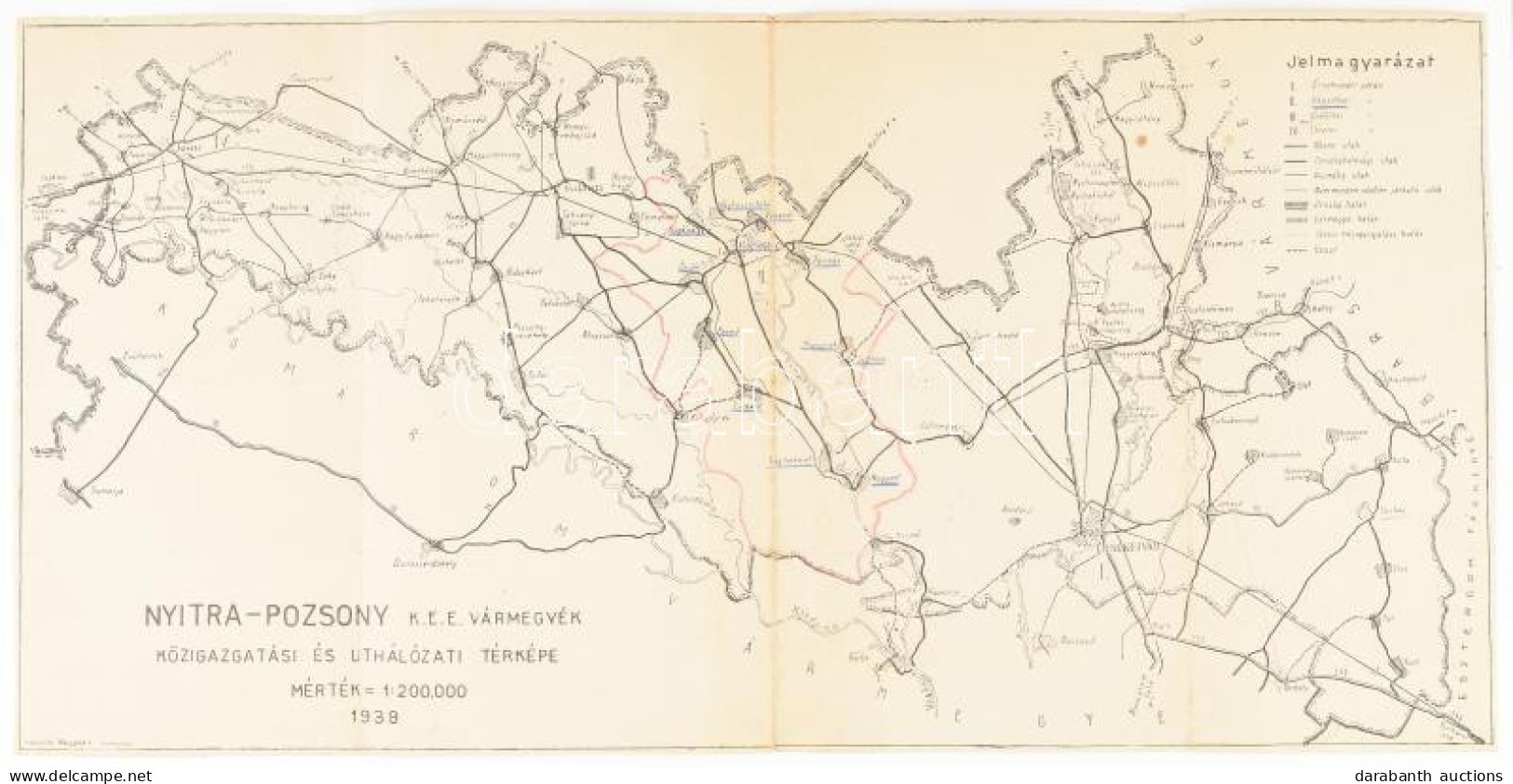 1939 Nyitra-Pozsony K.e.e. Vármegyék Közigazgatási és úthálózati Térképe, 1:200 000, Szakadással, 23×45 Cm - Other & Unclassified