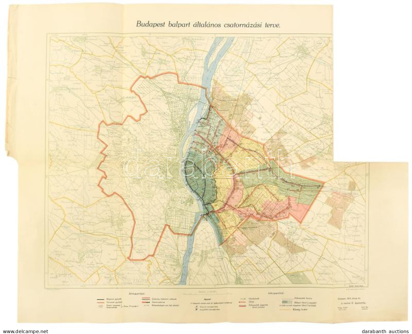 1916 Budapest Balpart általános Csatornázási Terve, 1:50 000, M. Kir. állami Nyomda, Hiányos, Szélén Kis Szakadással, 61 - Autres & Non Classés