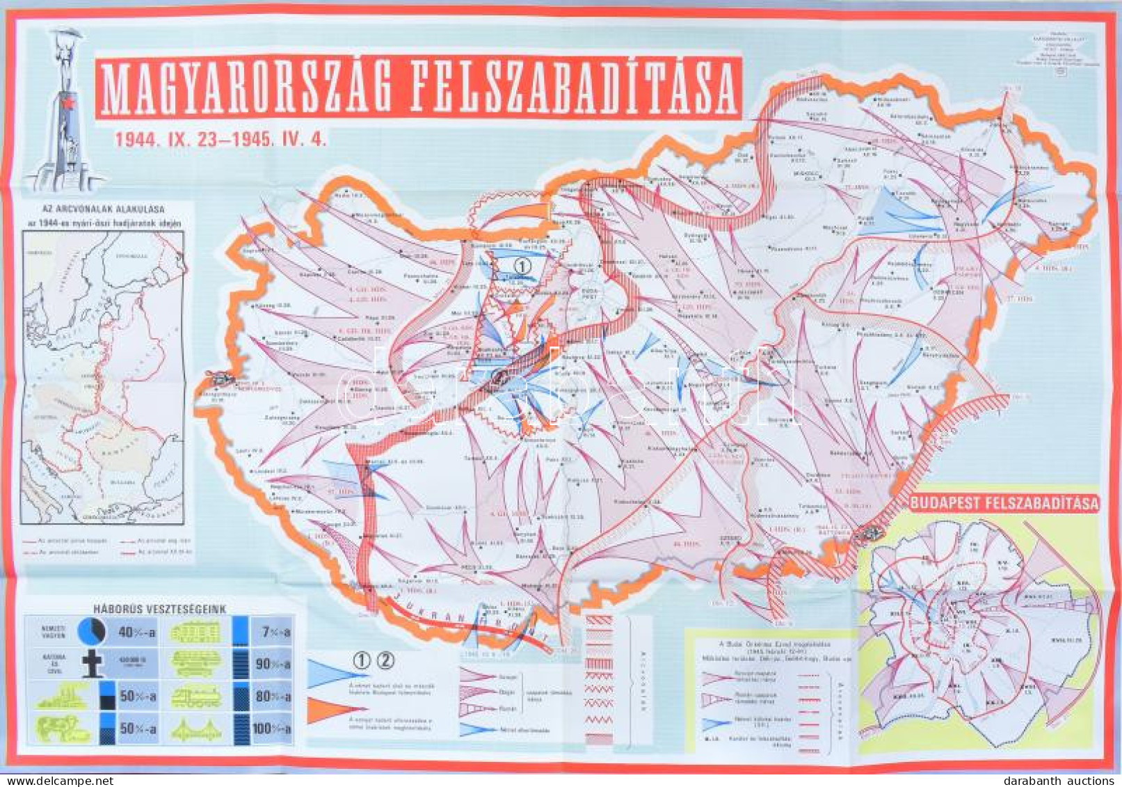 1966 Bp., Magyarország Felszabadítása 1944-1945, Kiadja: Kartográfiai Vállalat, 76×112 Cm - Otros & Sin Clasificación