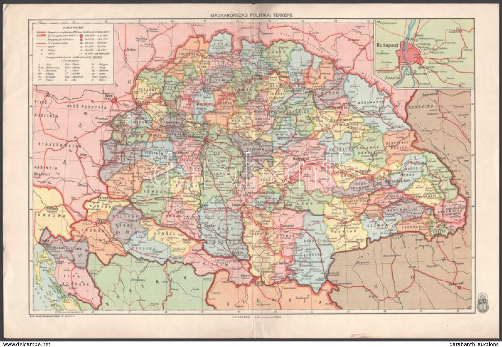 1942 Magyarország Politikai Térképe, 1 : 2.500.000, M. Kir. Honvéd Térképészeti Intézet, 43x29 Cm - Other & Unclassified