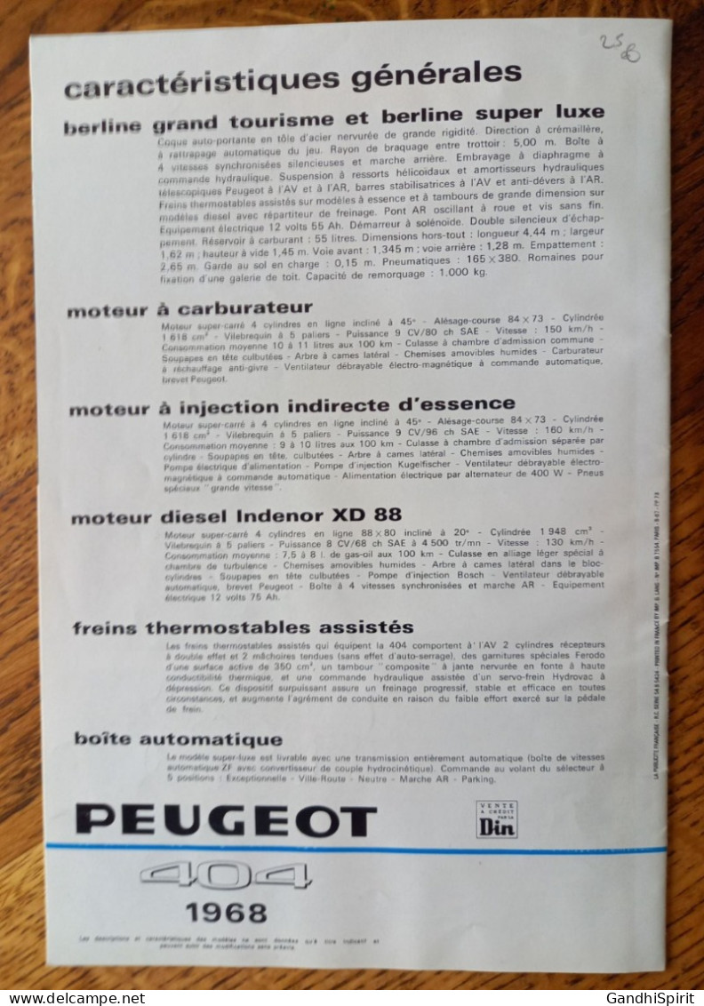 1968 Automobile Peugeot 404 - Voiture Berlines Confort, Grand Tourisme, Super Luxe