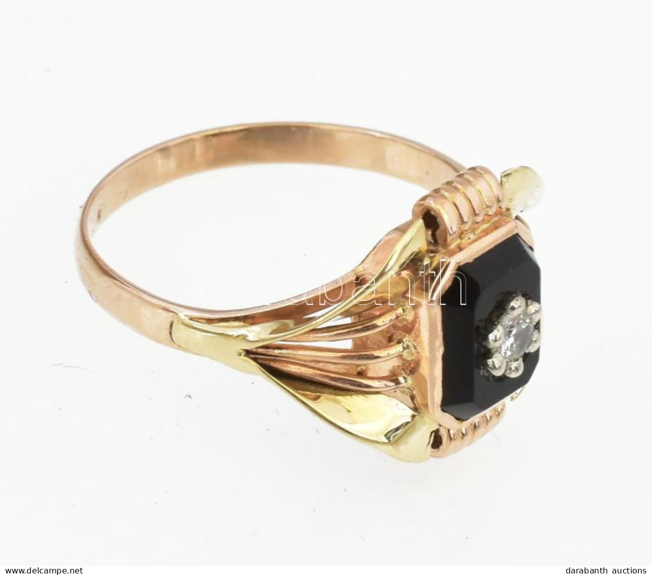 14k Arany (Au) Gyűrű, ónix Kővel, Fehérarany Foglalatban Gyémánttal 0,115ct Top Weselton WS1 (3mm), 3,47 G, M: 55 Jelzet - Sonstige & Ohne Zuordnung