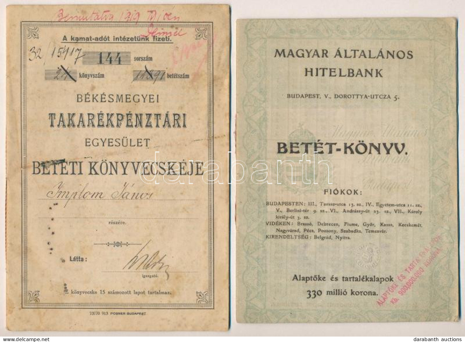 1916. "Békésmegyei Takarékpénztári Egyesület" Betéti Könyvecskéje Részben Kitöltve + 1921. "Magyar Általános Hitelbank"  - Unclassified