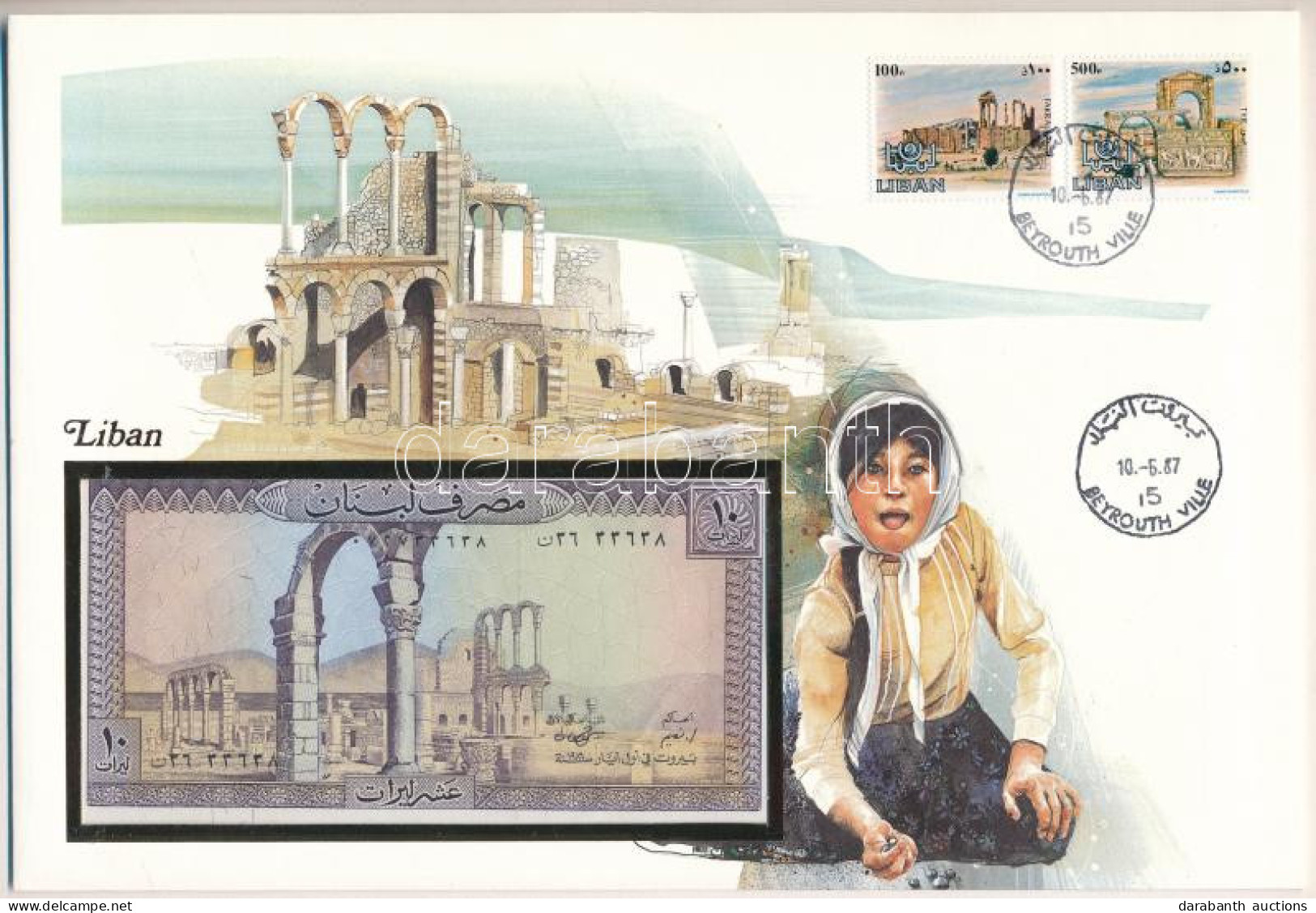 Libanon 1964-1986. 10L Felbélyegzett Borítékban, Bélyegzéssel T:UNC Lebanon 1964-1986. 10 Livres In Envelope With Stamp  - Non Classés