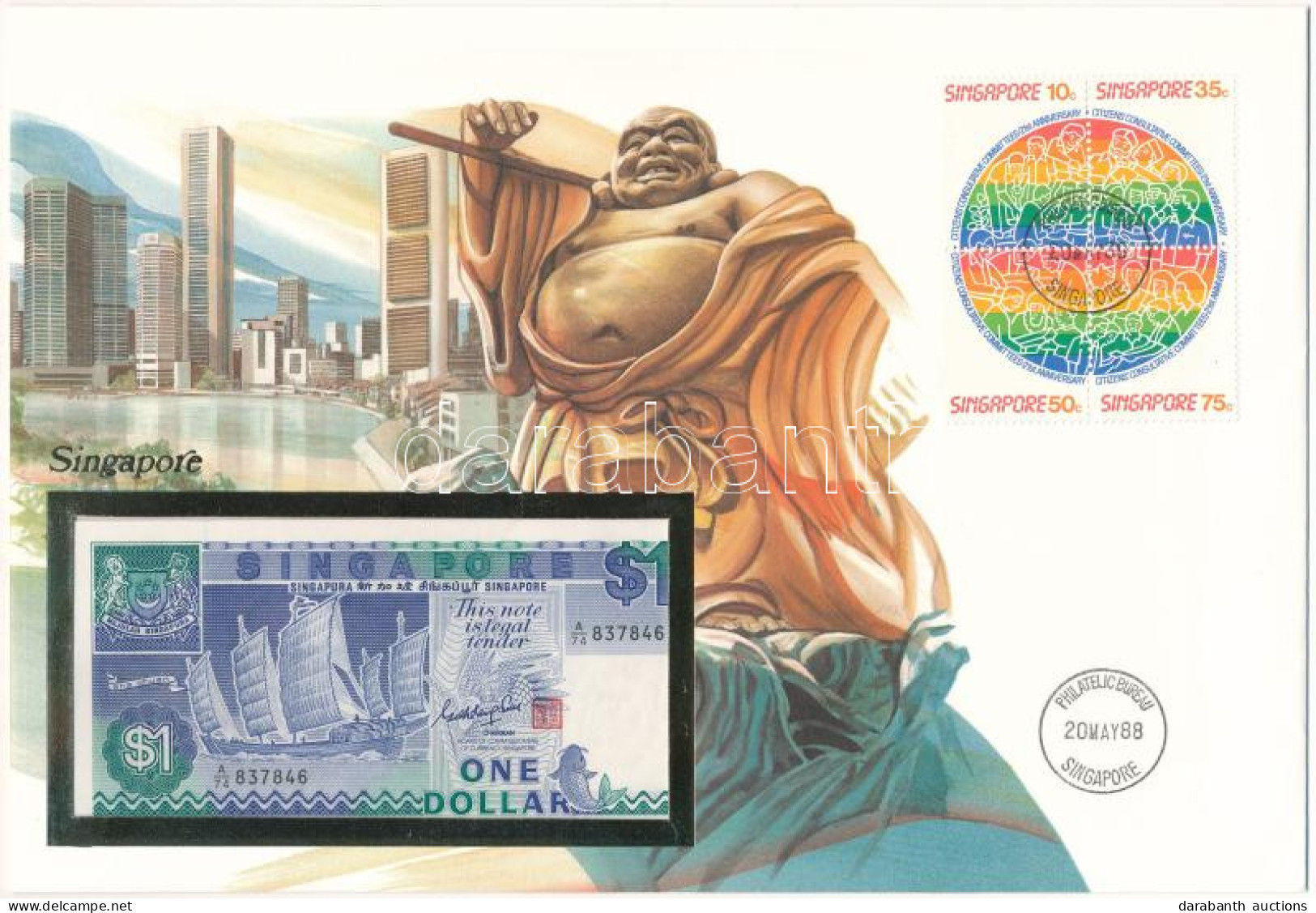 Szingapúr 1987. 1D Felbélyegzett Borítékban, Bélyegzéssel T:UNC Singapore 1987. 1 Dollar In Envelope With Stamp And Canc - Unclassified