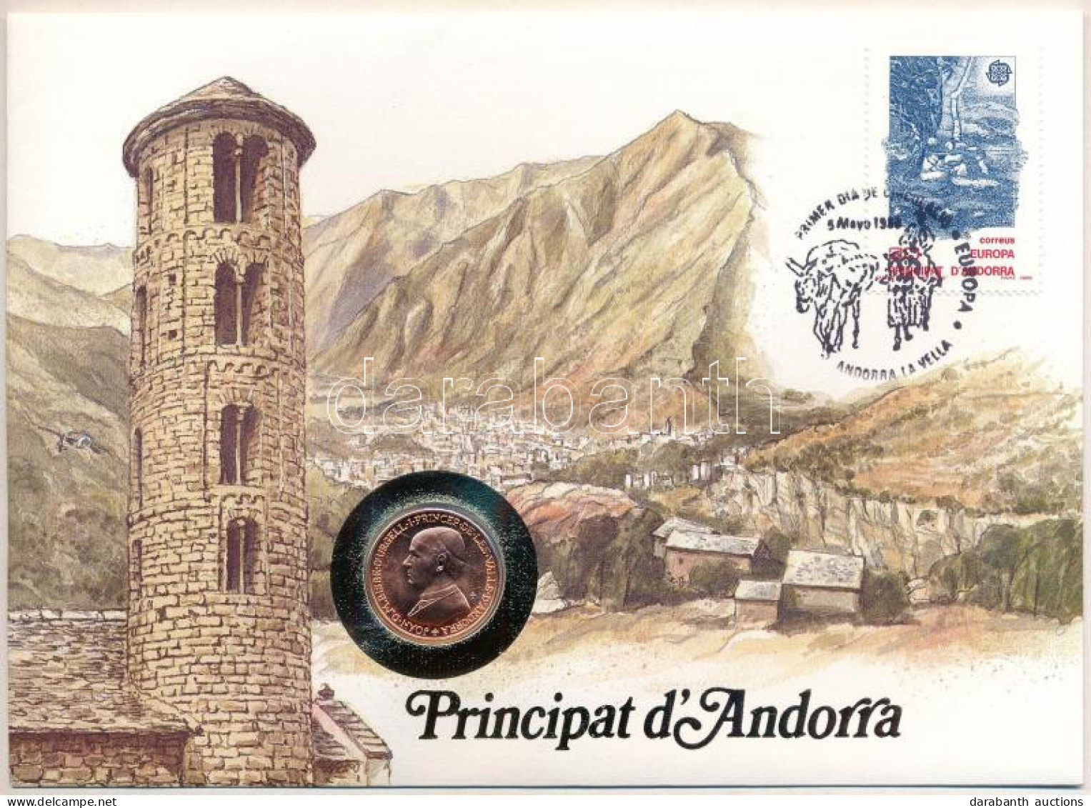 Andorra 1986. 25c Felbélyegzett Borítékban, Bélyegzéssel, Német Nyelvű Leírással T:UNC Patina Andorra 1986. 25 Centims I - Sin Clasificación