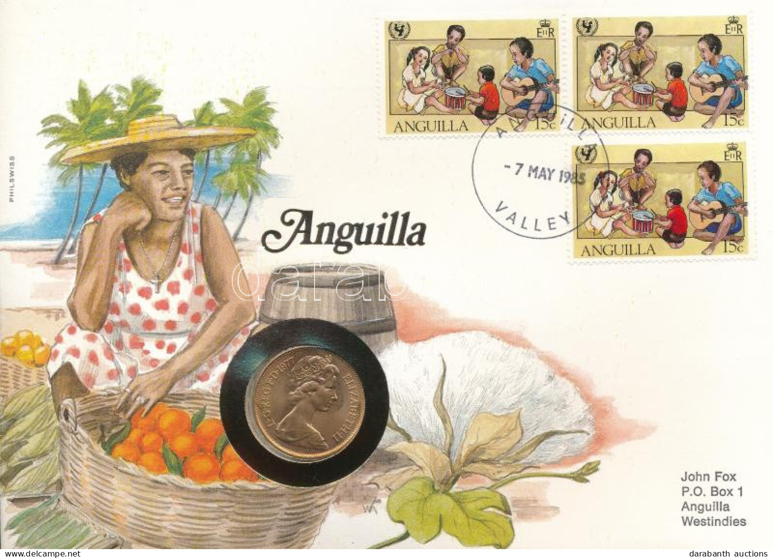 Anguilla 1989. 25p, Felbélyegzett Borítékban, Bélyegzéssel, Német Nyelvű Leírással T:UNC  Anguilla 1989. 25 Pence In Env - Non Classés