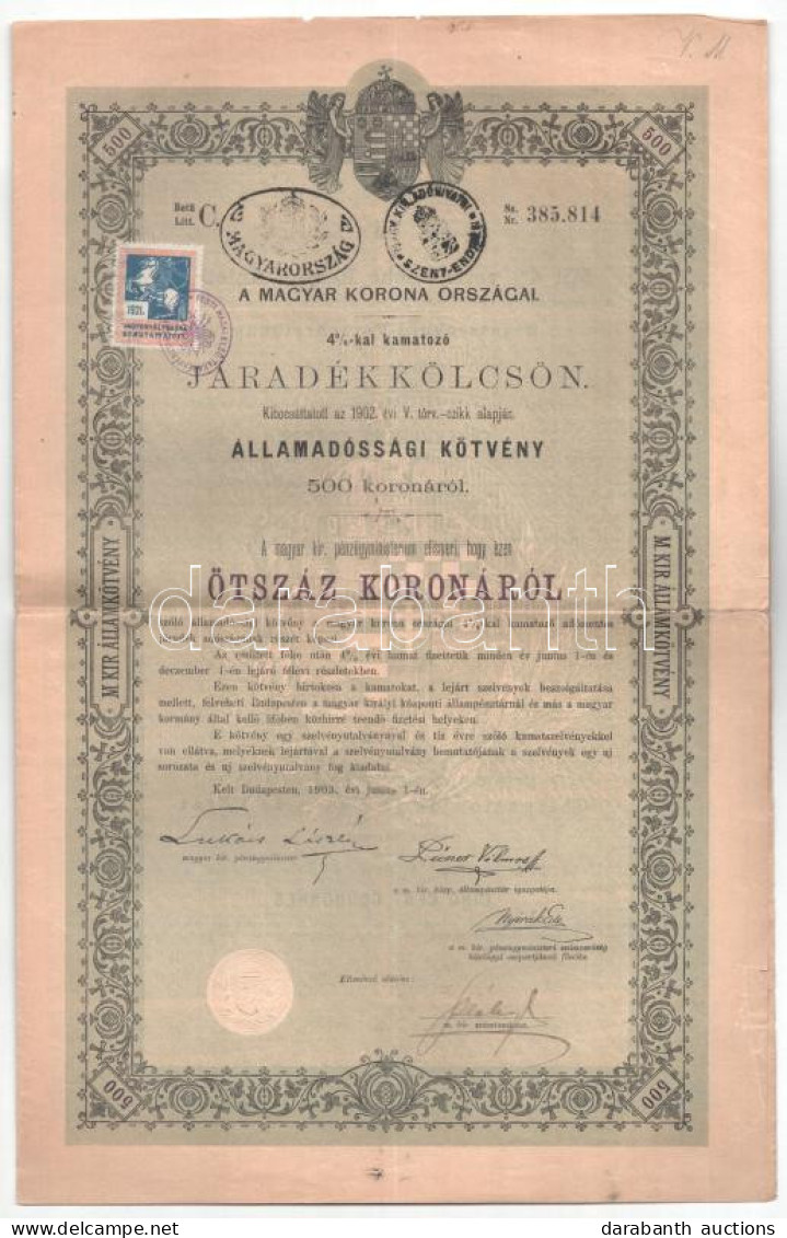 Budapest 1903. "Magyar Korona Országai 4%-al Kamatozó Járadékkölcsön" 500K-ról Szelvényekkel, Szárazpecséttel, Bélyegzés - Unclassified