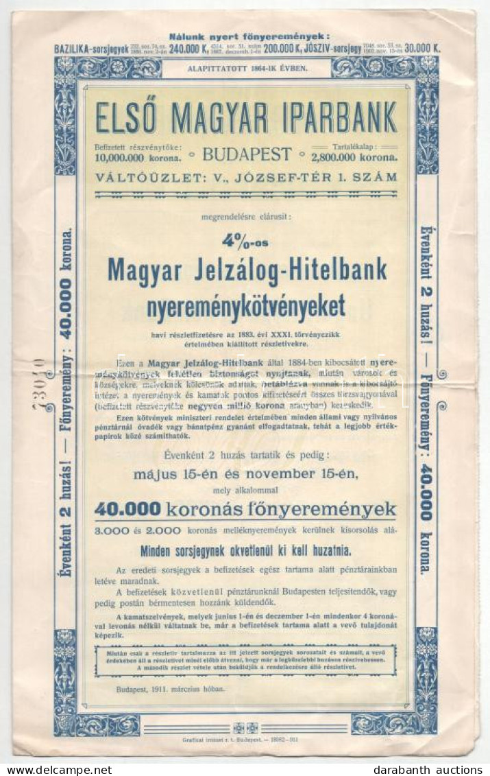 Budapest 1911. (1914) "Első Magyar Iparbank" Egy Darab 4%-os Jelzálog-hitelbank Nyereménykötvénye, Sorsolási Tervvel T:F - Ohne Zuordnung