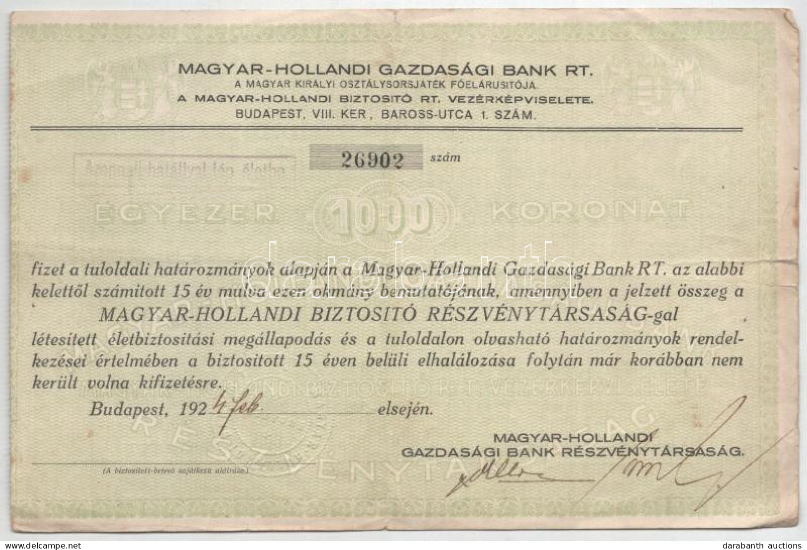 Budapest 1924. "Magyar-Hollandi Gazdasági Bank Részvénytársaság" Részvénye 1000K-ról Szárazpecséttel T:F - Ohne Zuordnung