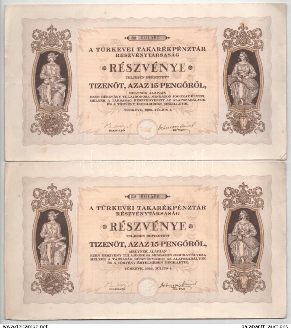 1926. "A Túrkevei Takarékpénztár Részvénytársaság" Részvénye 15P-ről (2x) Szárazpecséttel, Szelvényekkel + M. Kir. Posta - Sin Clasificación