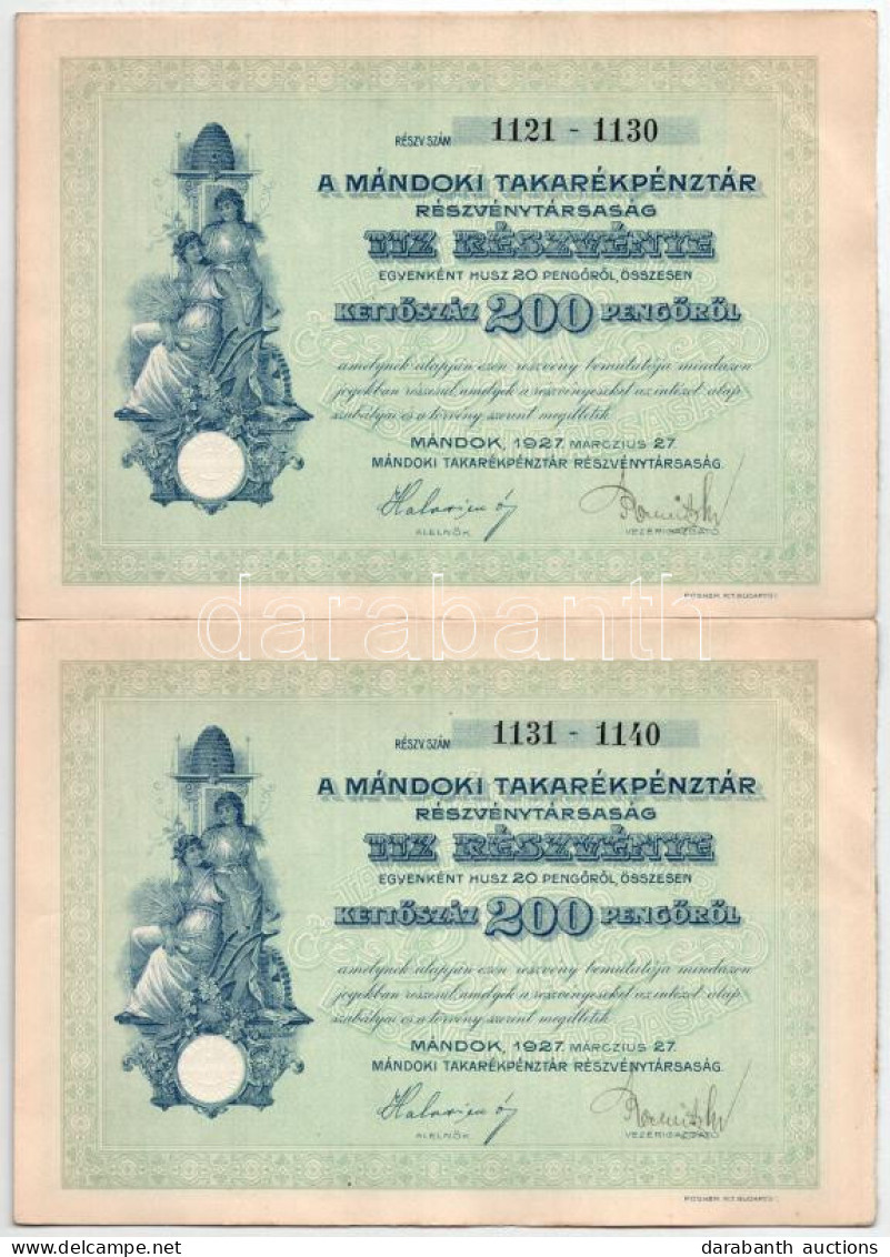 Mándok 1927. "Mándoki Takarékpénztár Részvénytársaság" Tíz Részvénye Egyenként 20P-ről, összesen 200P-ről (2x) Sorszámkö - Non Classés